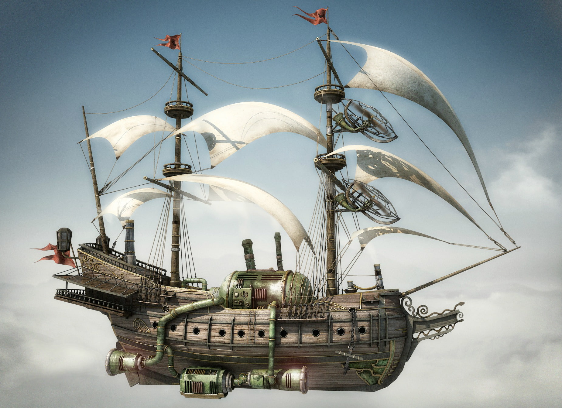 720P, steampunk, px, flight, aircrafts, x, hd, art, mechanical, ships, Clouds, sky, Airplane, entertainment, 1850x1343 px, HD Wallpaper