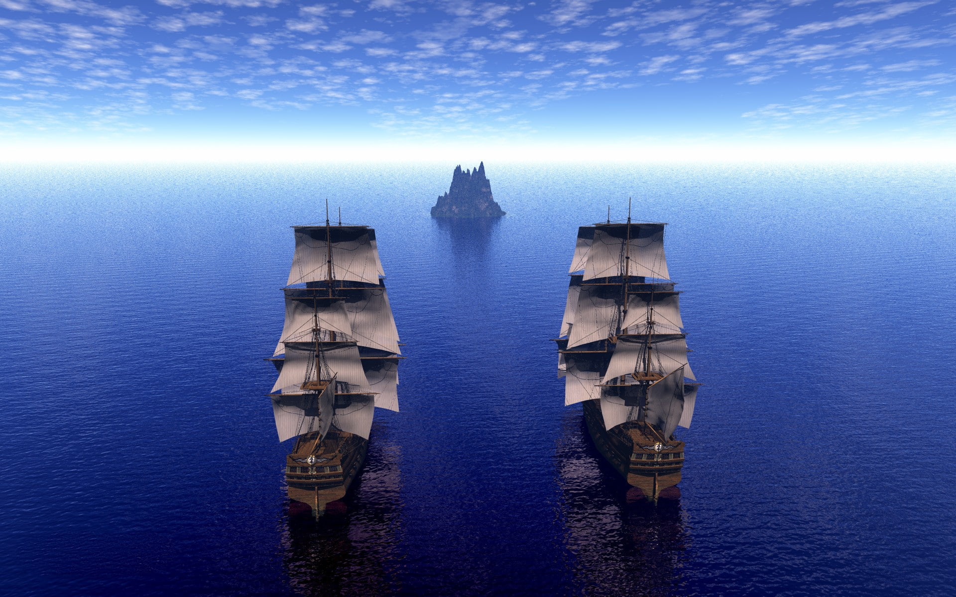 twin, ocean, 1080P, Clouds, ships, nature, art, oceans, Blue, sky, hd, HD Wallpaper