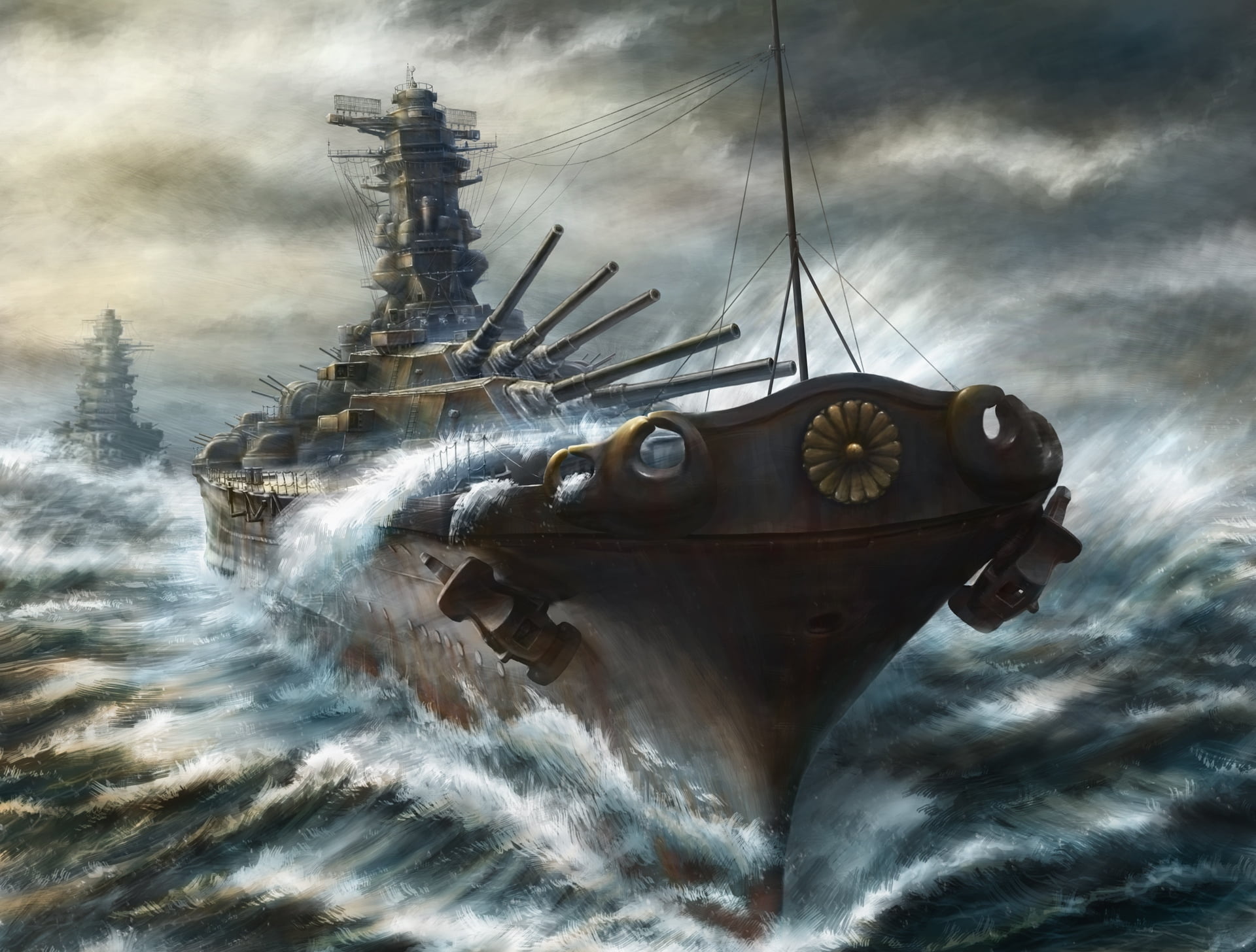 brown, cloud - sky, transportation, outdoors, storm, kashi takahisa, sailboat, smoke - physical structure, military, ships, sky, sea, nature, battleship, HD Wallpaper