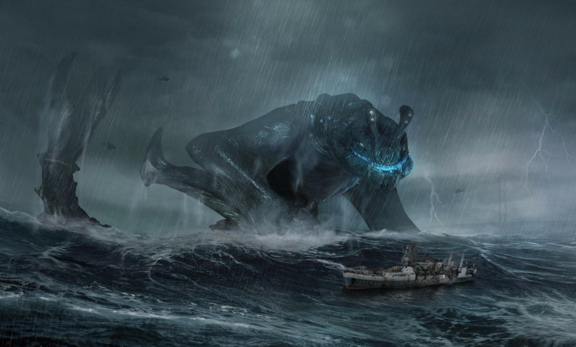 Pacific Rim, 1080P, rain, kaiju, storm, fantasy art, sailing ship, HD Wallpaper