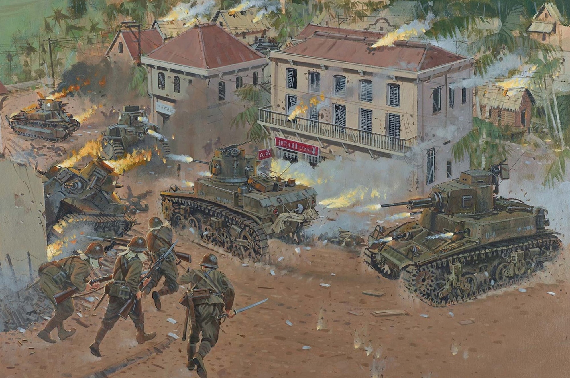 figure, art, street, drop, soldiers, the city, San Fernando, battle, Philippines, war, WW2, American, tanks, Japanese, 1080P, burning, HD Wallpaper