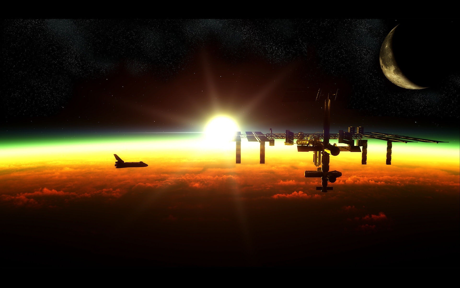 space, 1080P, space art, satellite, horizon, International Space Station, space station, planet, digital art, HD Wallpaper