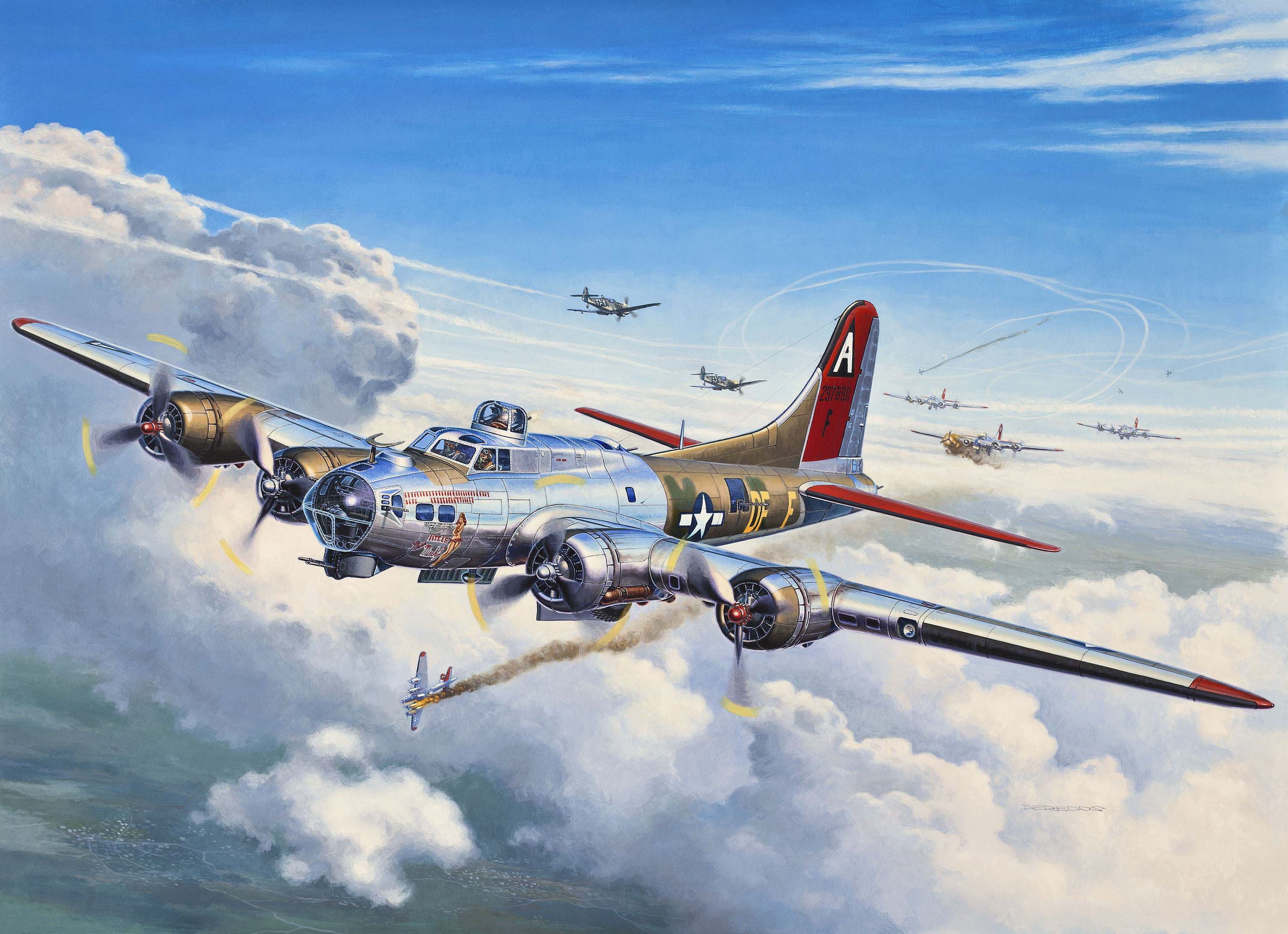 flying, aerobatics, battle, smoke - physical structure, Boeing, plane, zavyazalsya, heavy, fortress, B-17, aerospace industry, gray, job, istribiteli, vapor trail, HD Wallpaper