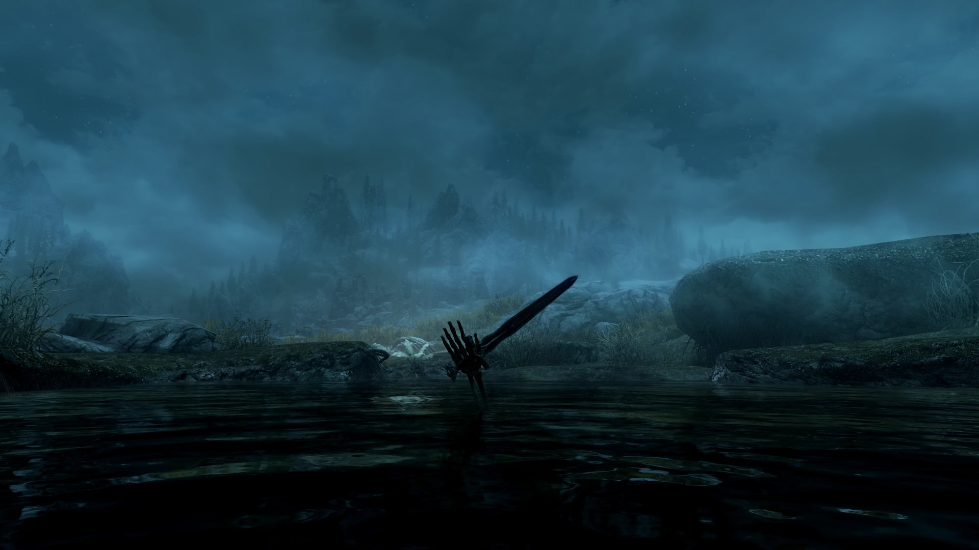 lake, solid, cloud - sky, rock - object, water, rock, waterfront, boat, non-urban scene, nature, sailing, The Elder Scrolls V: Skyrim, human arm, sky, black, HD Wallpaper