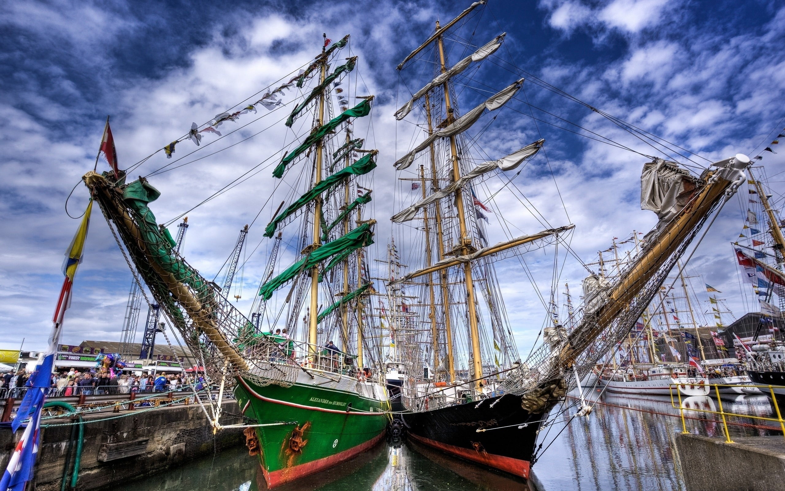 sailing, ship, sailboat, ships, green, transportation, pole, black, travel, no people, harbor, cloud - sky, sky, water, architecture, mode of transportation, HD Wallpaper