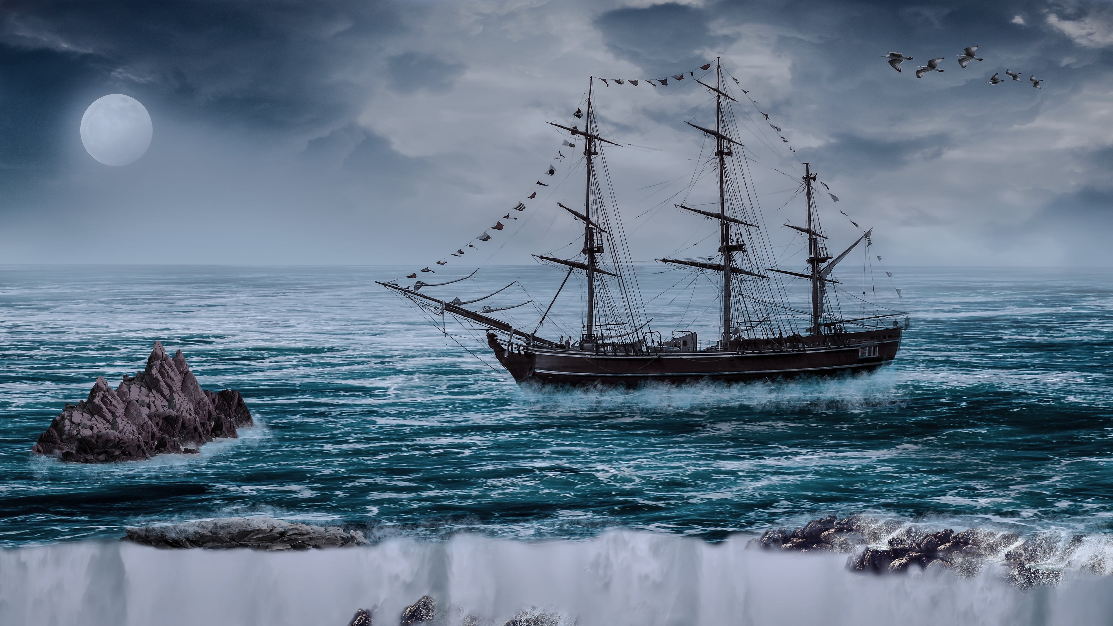 sea, barque, tall ship, 4K, sky, ocean, moon, tranquil scene, ship, scenics - nature, water, wave, horizon over water, full moon, beauty in nature, nature, HD Wallpaper