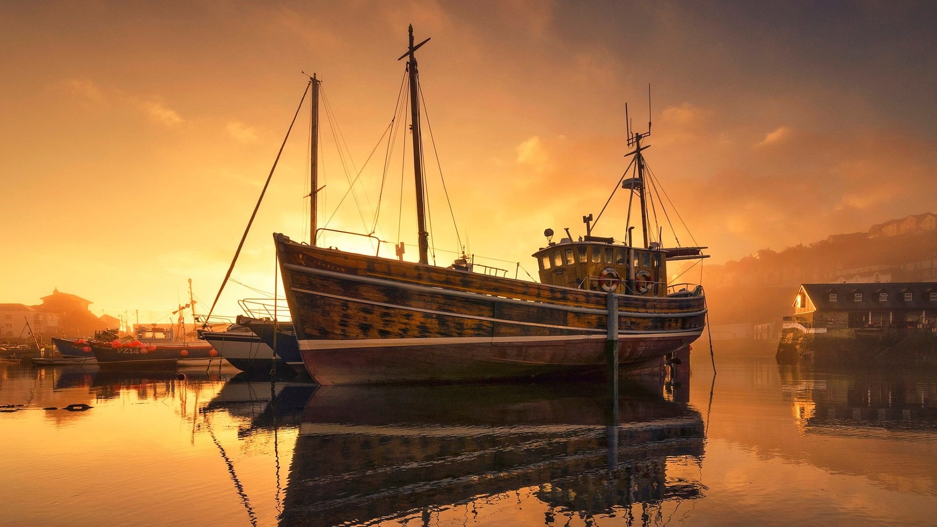 outdoors, fishing industry, no people, fishing boat, marina, transportation, waterfront, watercraft, calm, mode of transportation, sea, cloud - sky, 1080P, HD Wallpaper