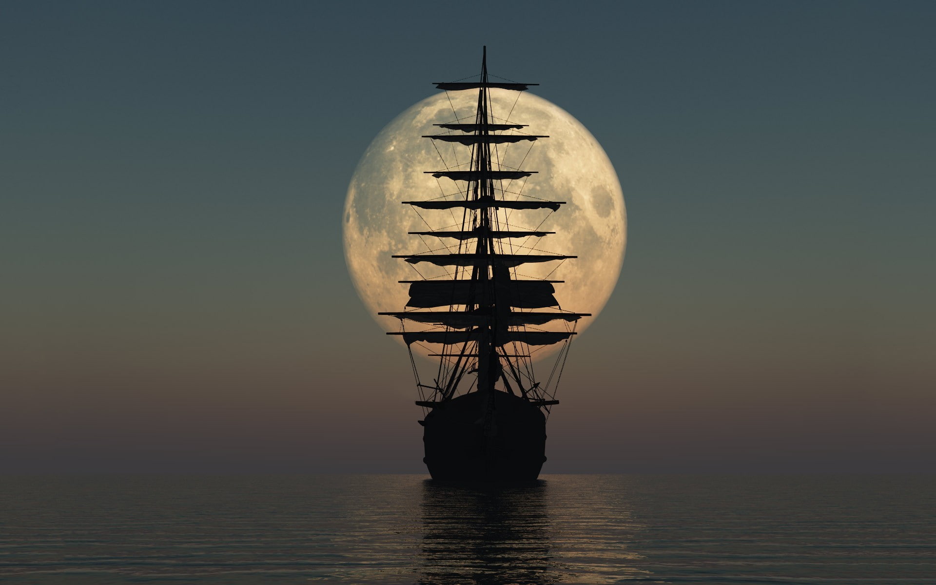 sea, vehicle, night, horizon, sailing ship, sky, Moon, 1080P, ship, HD Wallpaper