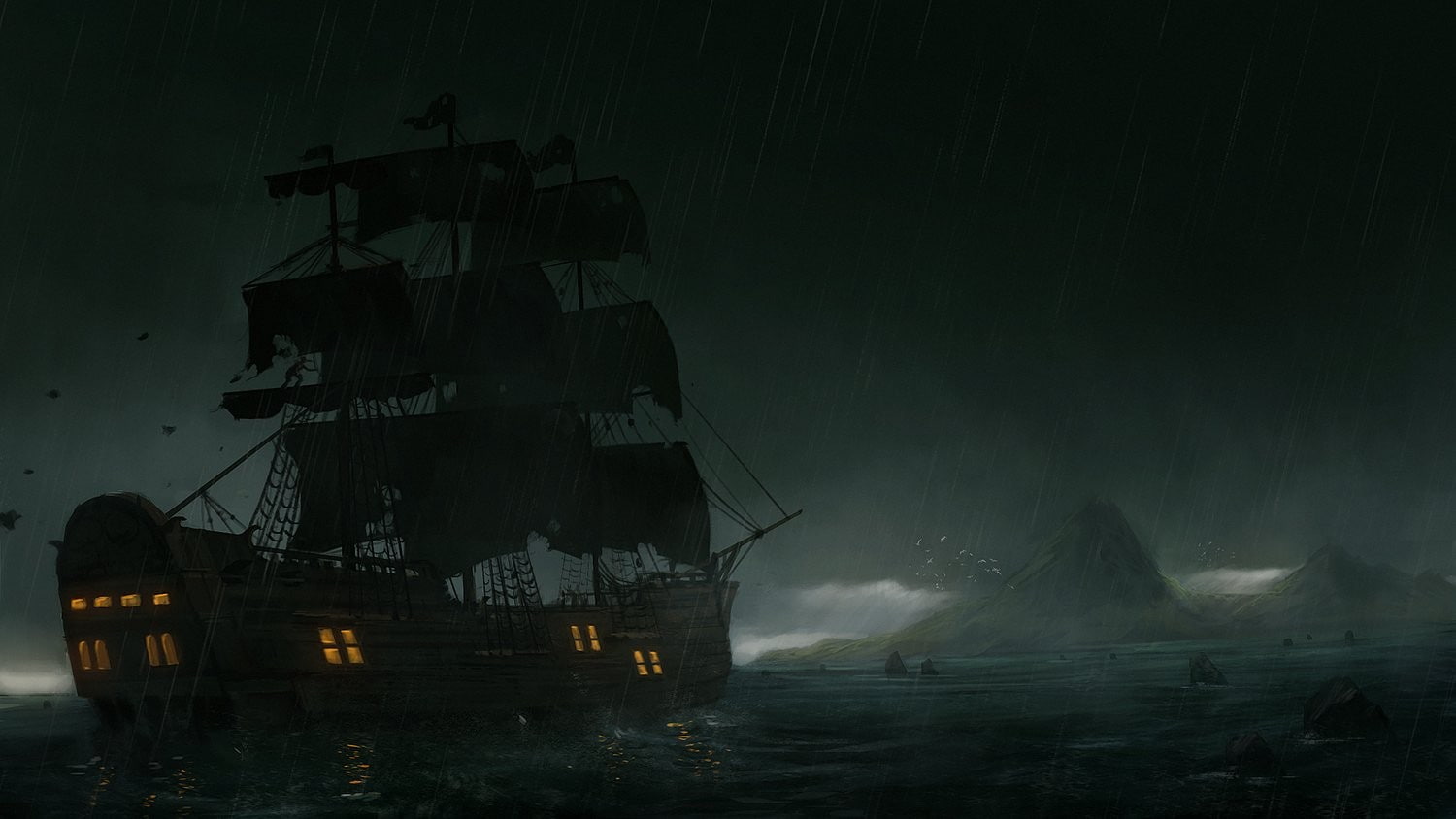 water, birds, old ship, sea, no people, motion, nautical vessel, rain, island, sky, ship, 720P, storm, built structure, sailing, nature, mode of transportation, HD Wallpaper