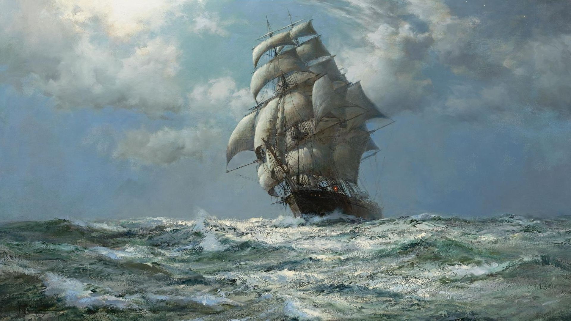 ship, painting, old ship, 1080P, sea, artwork, HD Wallpaper