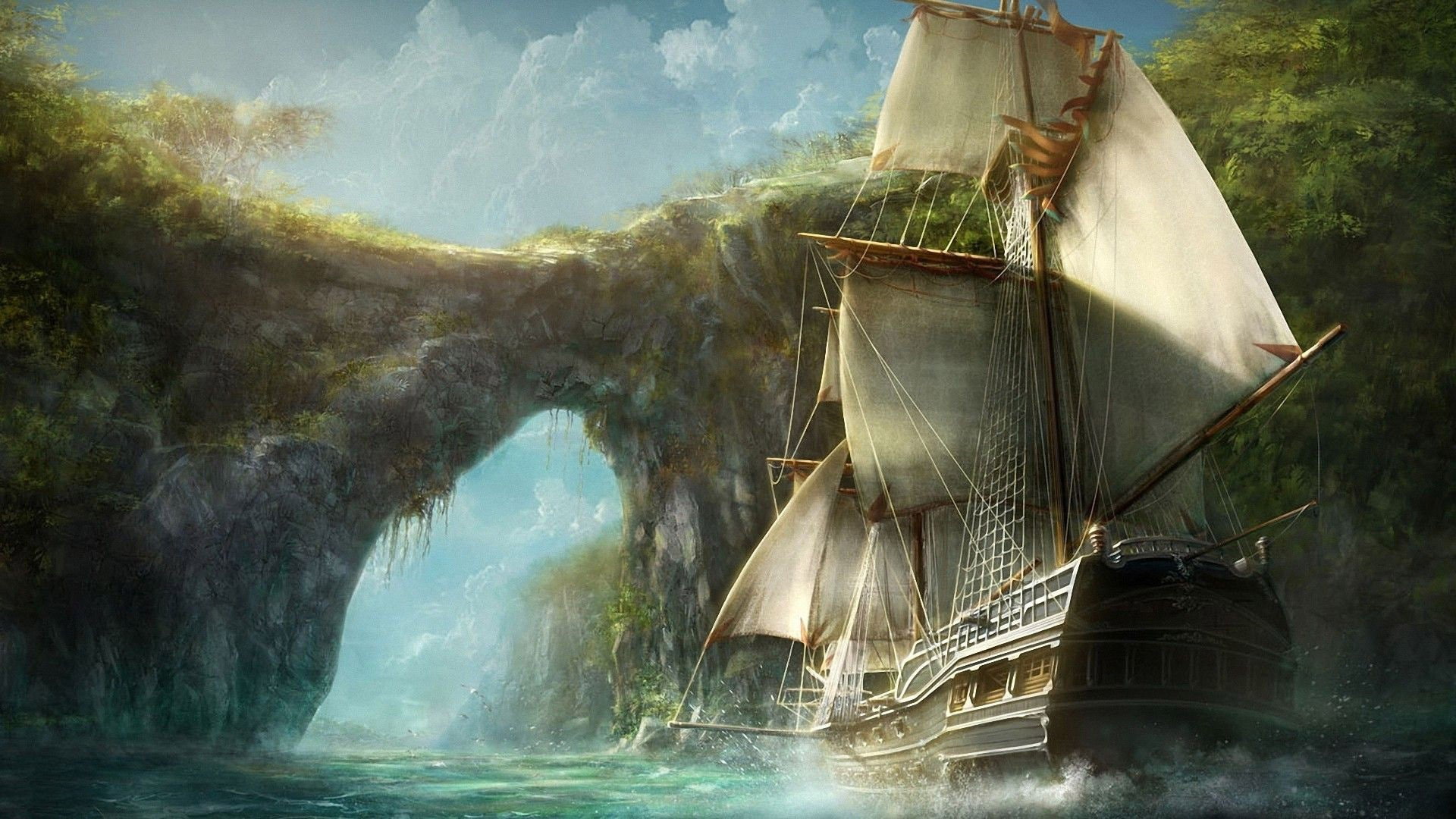 Bay, Old Ship, Caribbean, digital art, rocks, pirates, water, 1080P, ship, HD Wallpaper