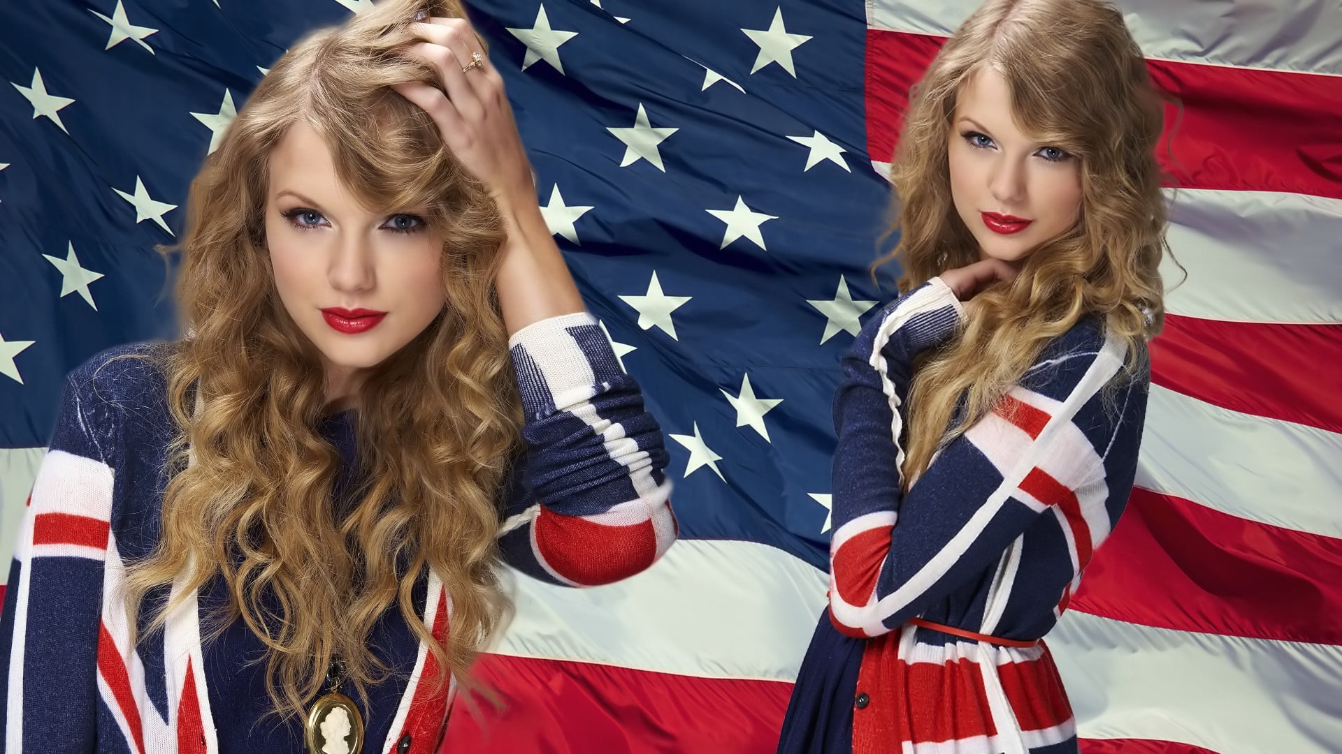 looking at camera, young women, patriotism, women, red, people, shape, star shape, 1080P, American flag, blonde, portrait, hair, waist up, females, front view, HD Wallpaper