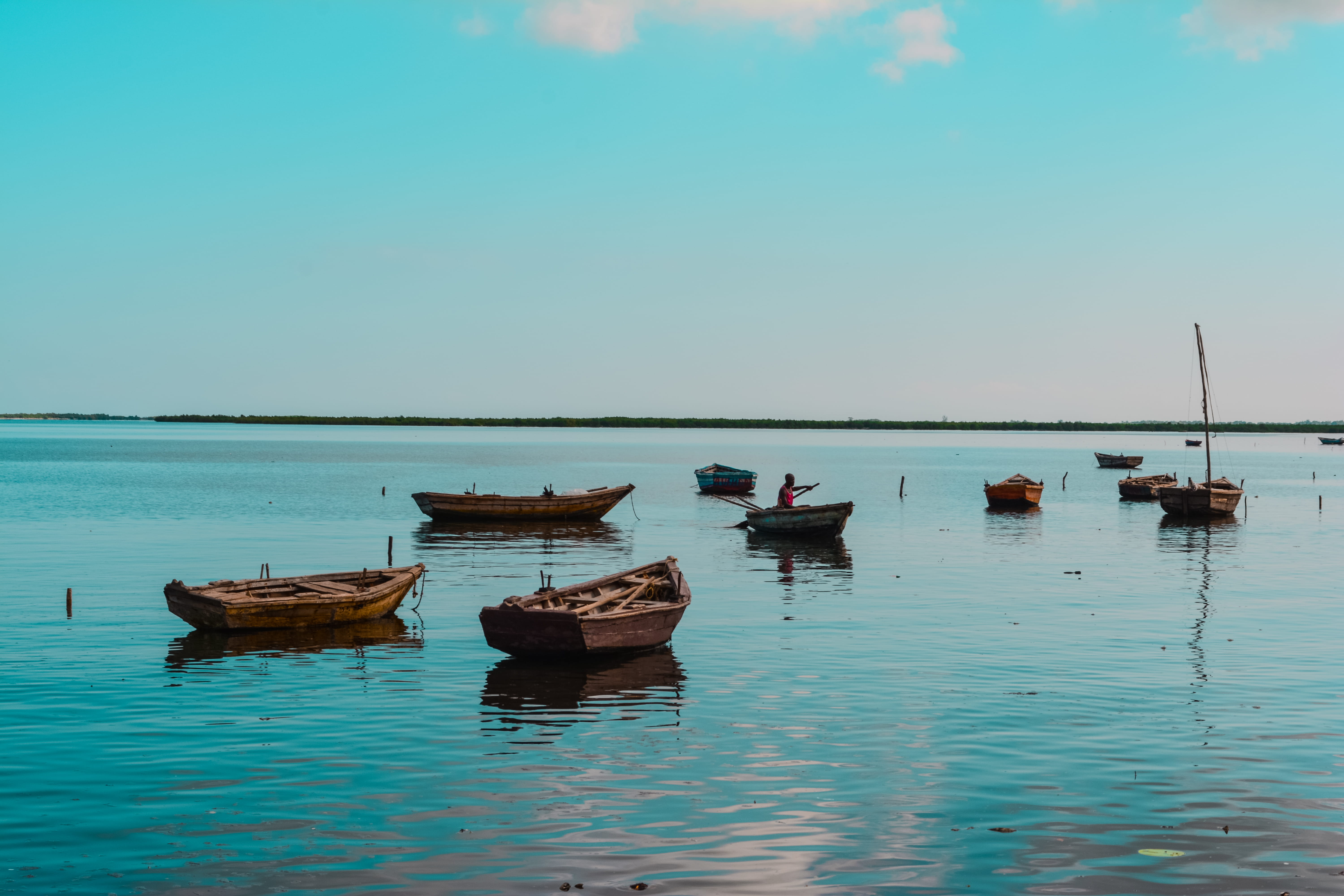 non-urban scene, tropical, rustic fishing boat, tranquil, wood boat, no people, horizon over water, moored, 5K, rowboat, peaceful, fishing boats, sunset, HD Wallpaper