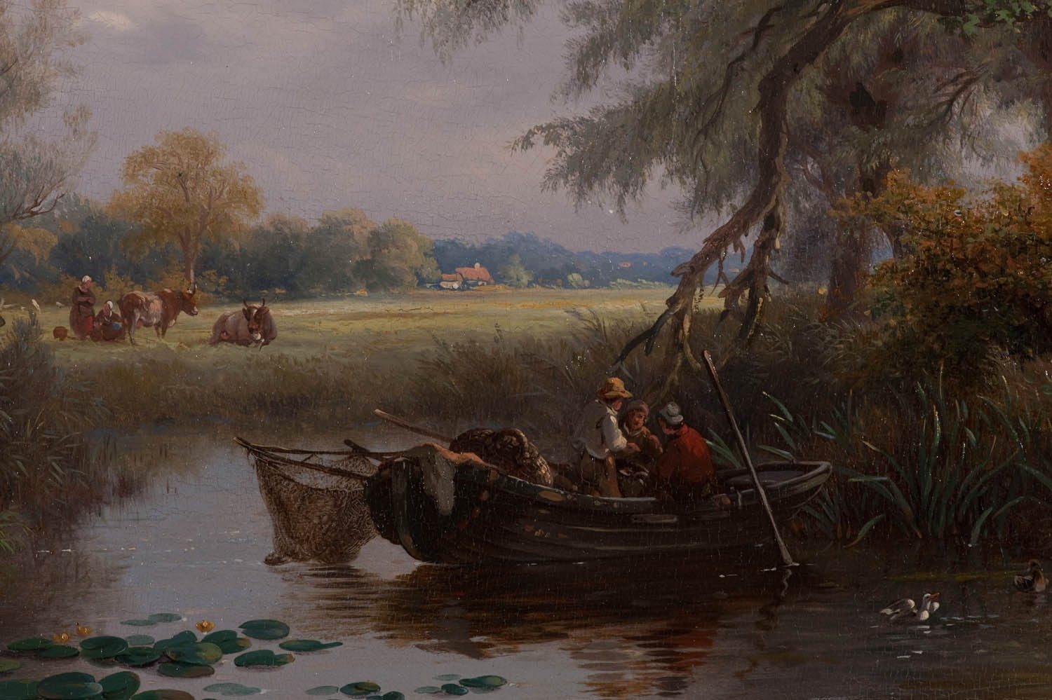 fishing, classic art, boat, lily pads, 720P, painting, cow, field, HD Wallpaper