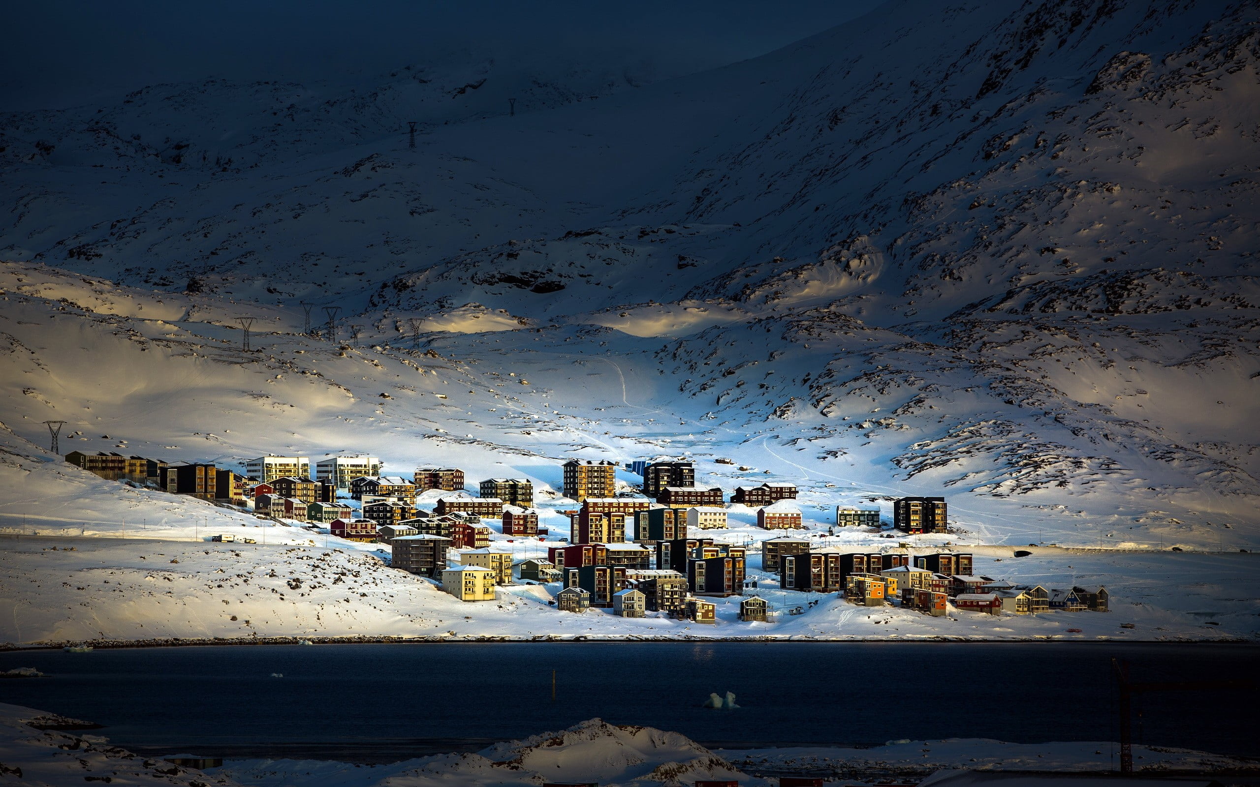 built structure, scenics - nature, snow, day, building exterior, covering, village, aerial, Arctic, no people, snowy, snowcapped mountain, foot, nature, HD Wallpaper