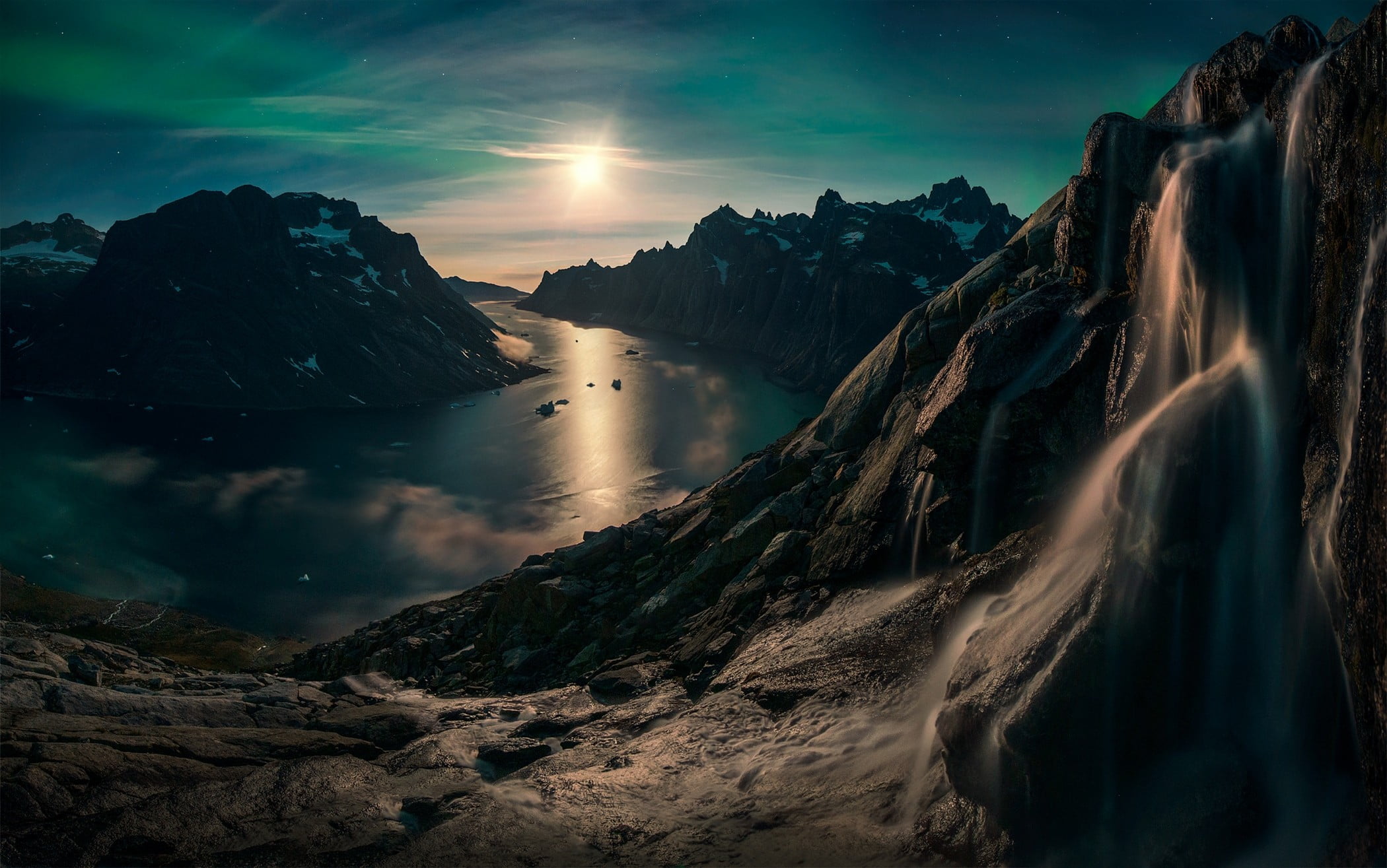 sky, sun, Moon, mountain, outdoors, reflection, moonlight, landscape, no people, mountains, rock - object, Greenland, rock, solid, environment, tranquility, HD Wallpaper