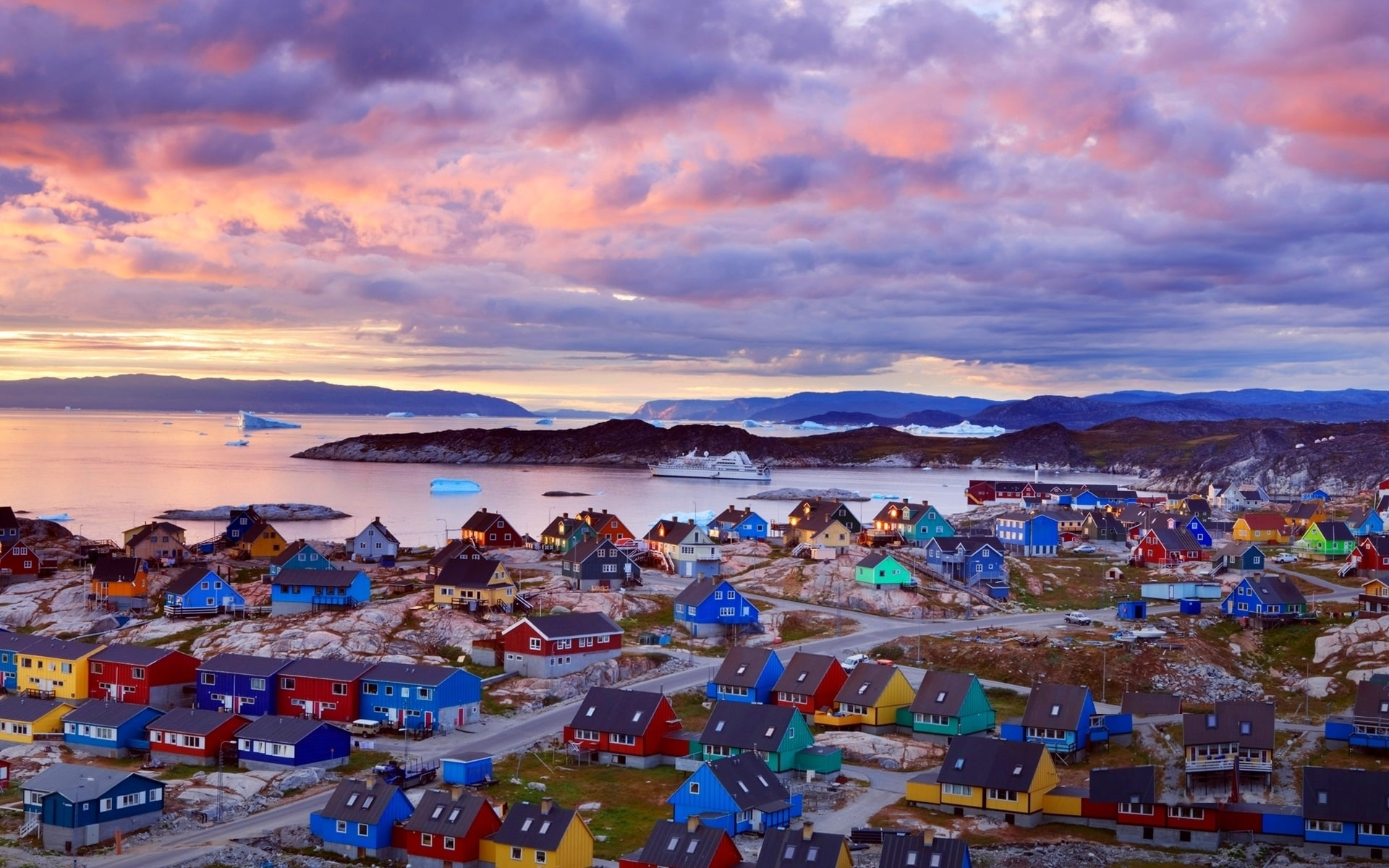 Greenland, 1080P, Colorful, Dusk, Houses, Clouds, Mountains, Coast, HD Wallpaper