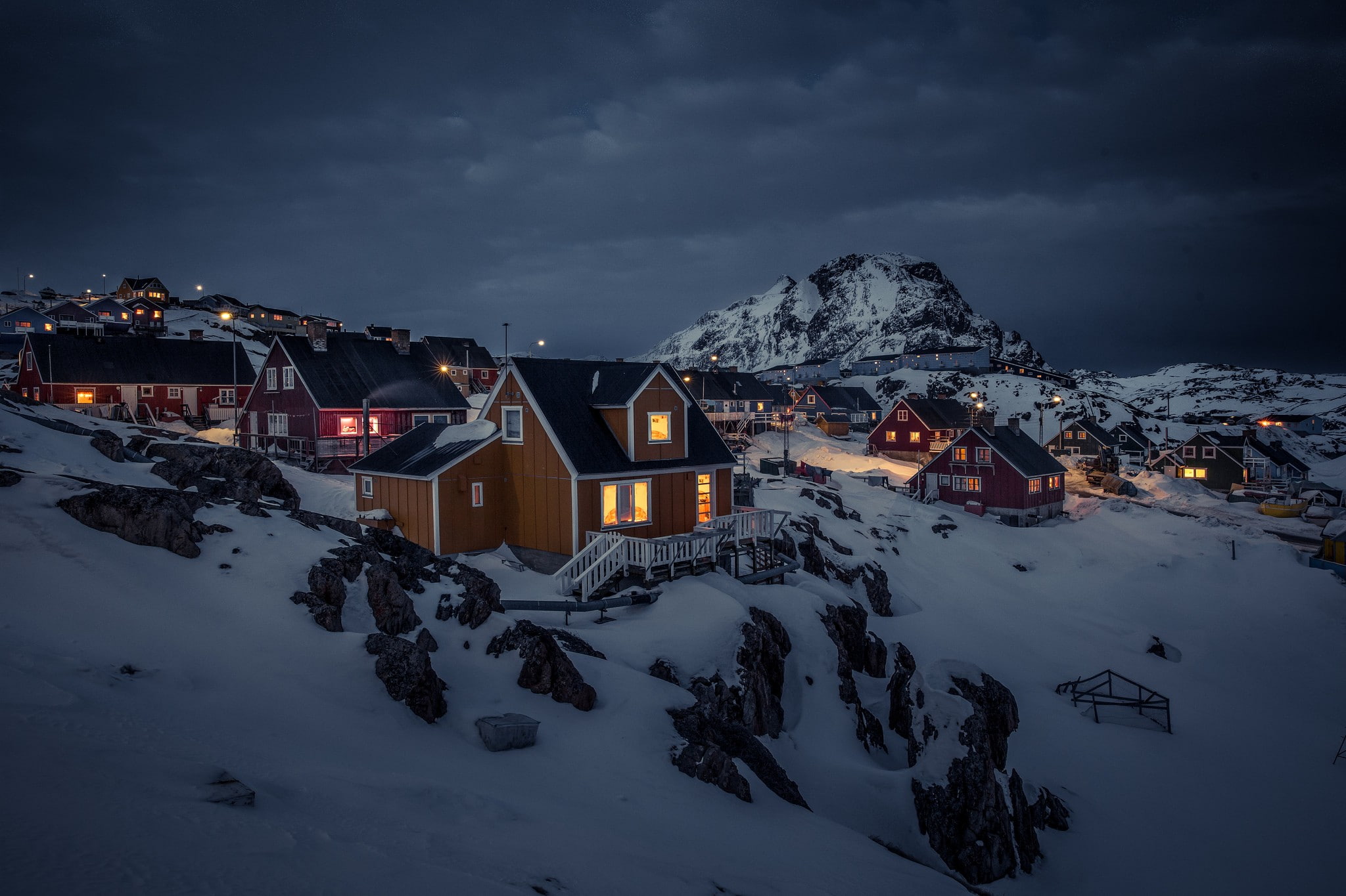 landscape, night, lights, mountains, Greenland, house, 1080P, overcast, town, dark, snow, HD Wallpaper