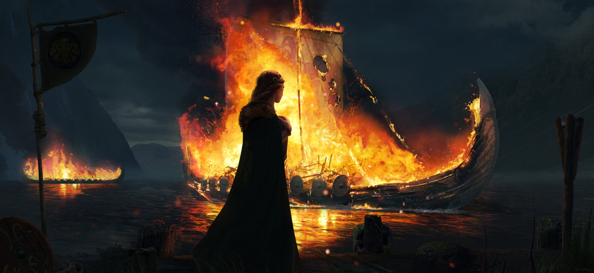 longships, fire, ship, Vikings, 1080P, artwork, HD Wallpaper