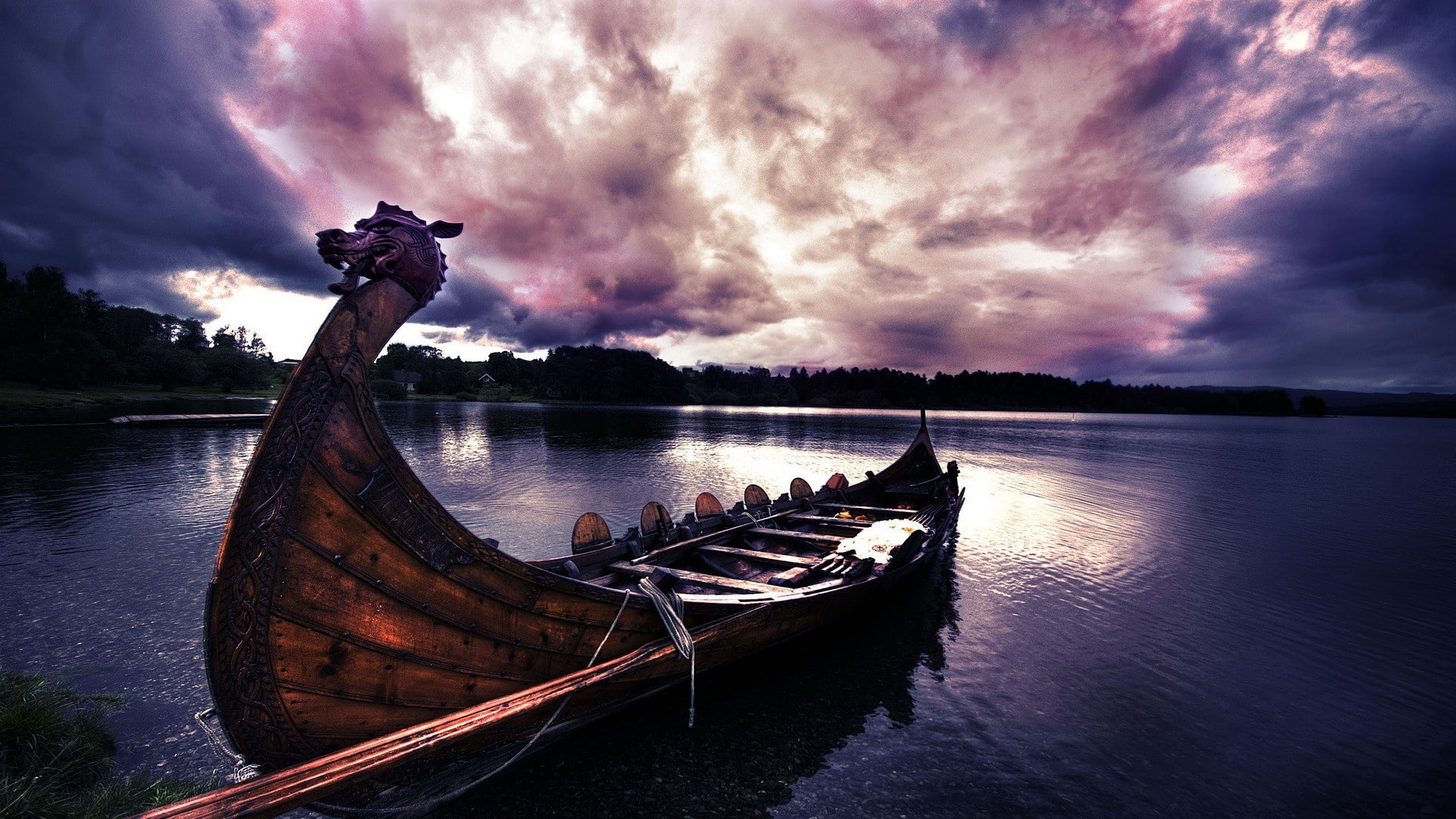 forest, water, nature, Longships, sunlight, dragon, boat, Trees, river, 1080P, Filter, Vikings, clouds, wood, HD Wallpaper