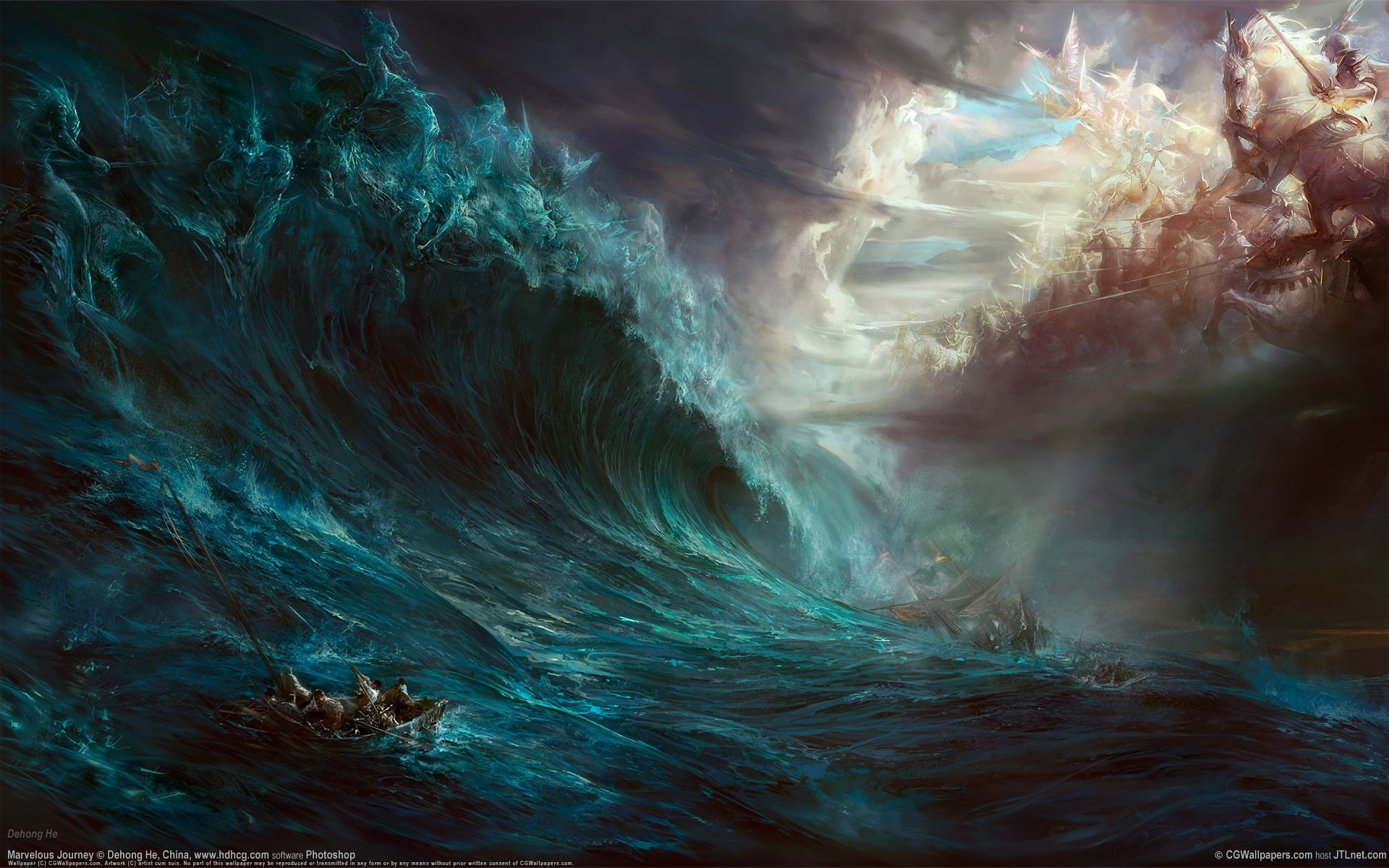 abstract, outdoors, artwork, Dehong He, day, 1080P, storm, water, ship, beauty in nature, sea, full frame, power in nature, gods, magic, motion, war, nature, HD Wallpaper