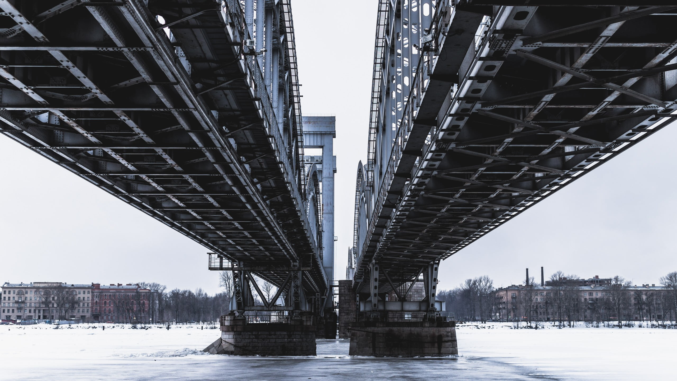river, cold temperature, day, bridge - man made structure, built structure, nature, 2K, photography, cityscape, outdoors, building exterior, gray, crane, HD Wallpaper
