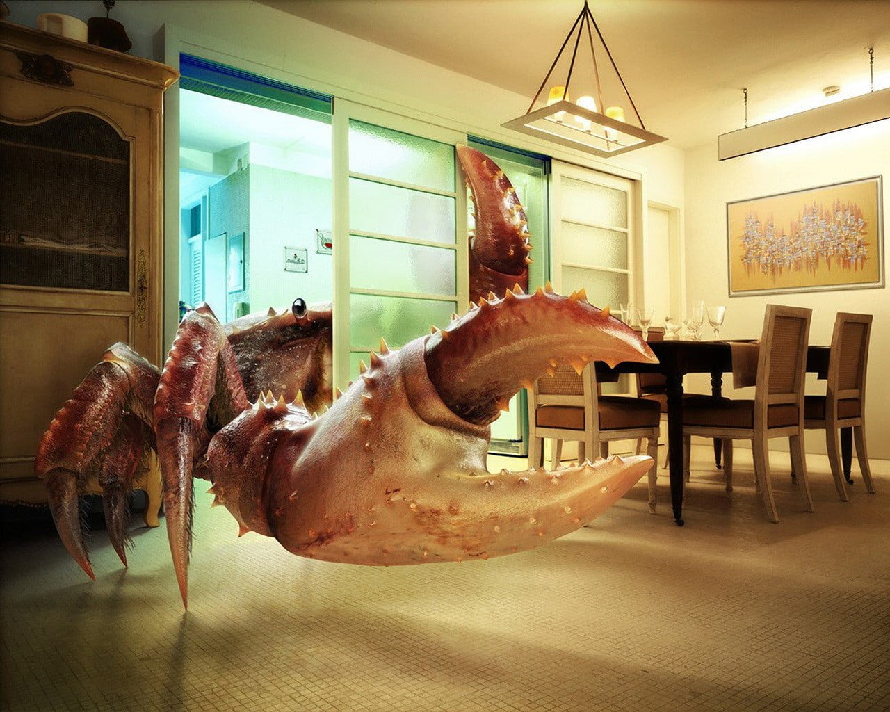 architecture, flooring, table, animal, 720P, food and drink, representation, framed, food, restaurant, hanging, freshness, wooden, animal themes, mammal, HD Wallpaper