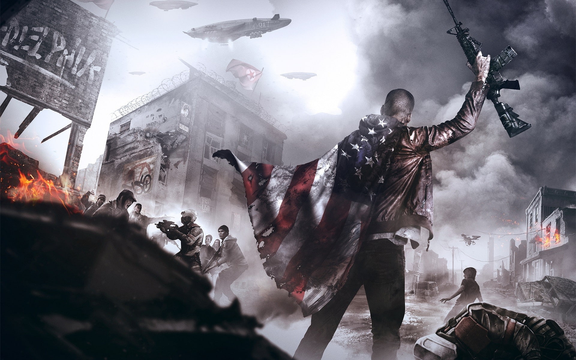 standing, occupation, architecture, activity, human limb, crowd, men, 1080P, video games concept art homefront homefront the revolution weapon flag american flag, HD Wallpaper