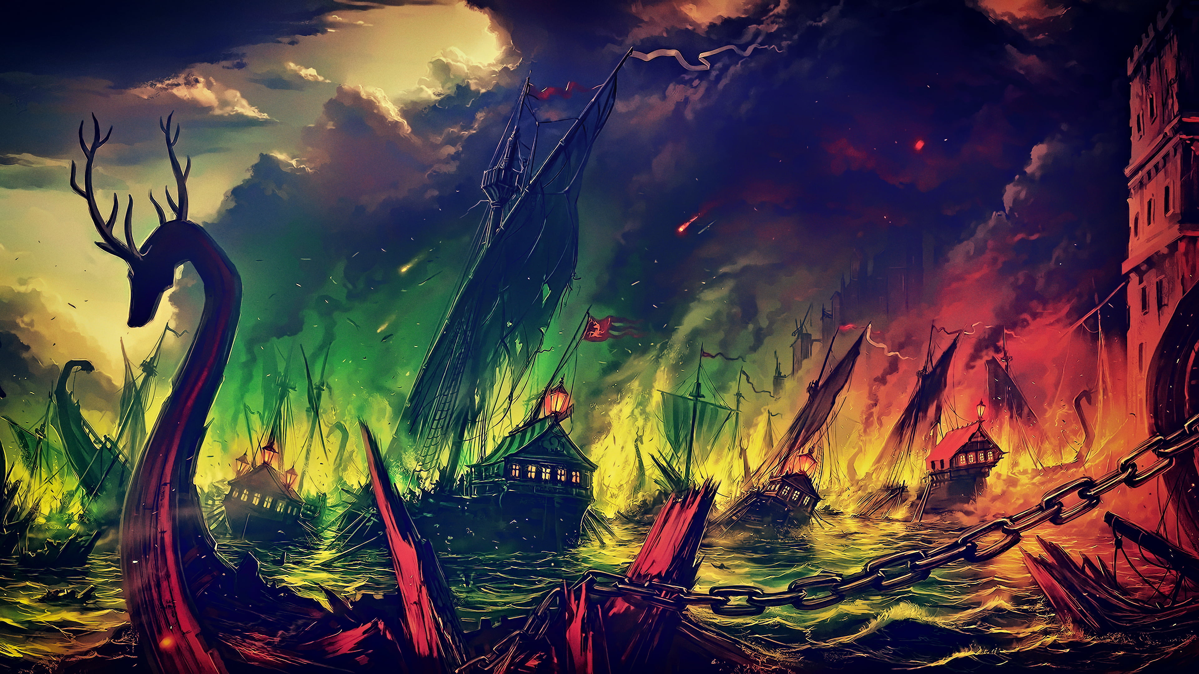 beauty in nature, illuminated, animals in the wild, Photoshop, outdoors, digital, sea, water, ships, fantasy art, 4K, fleet, marine, artwork, fan art, HD Wallpaper