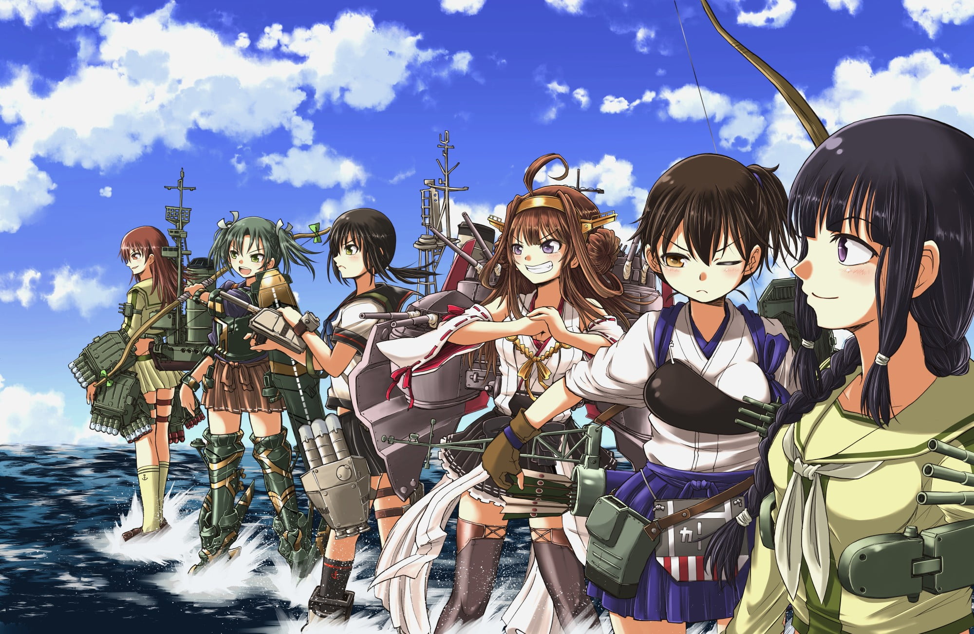 group, body, standing, cloud - sky, sky, character, enjoyment, six, Kongou (KanColle), men, Kaga (KanColle), people, costume, Mobile unit five fleet, HD Wallpaper