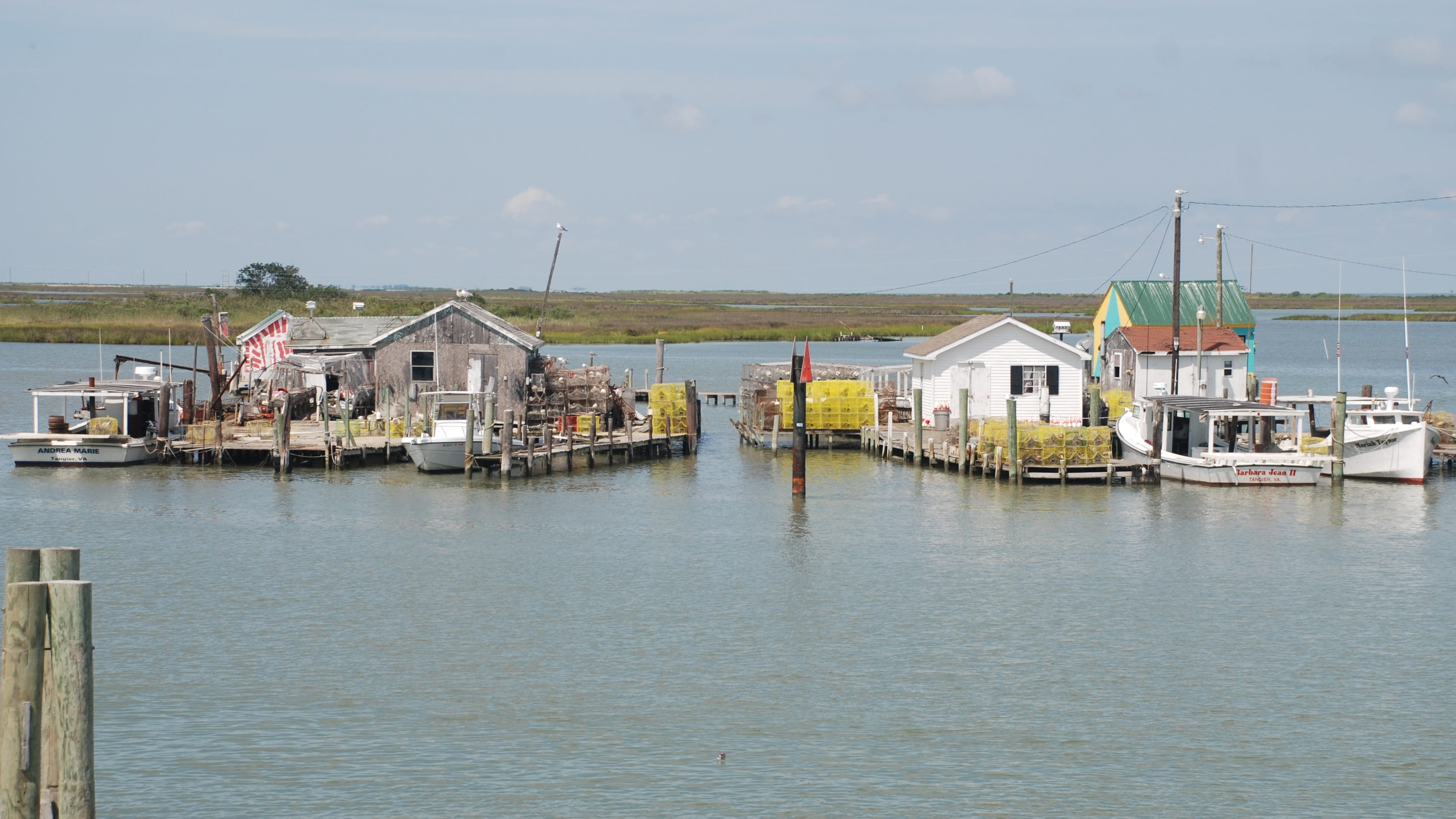 no people, built structure, summer, seashore, wooden post, river, architecture, sunny, tangier island, virginia, fishing industry, sky, nautical, 2K, transportation, HD Wallpaper