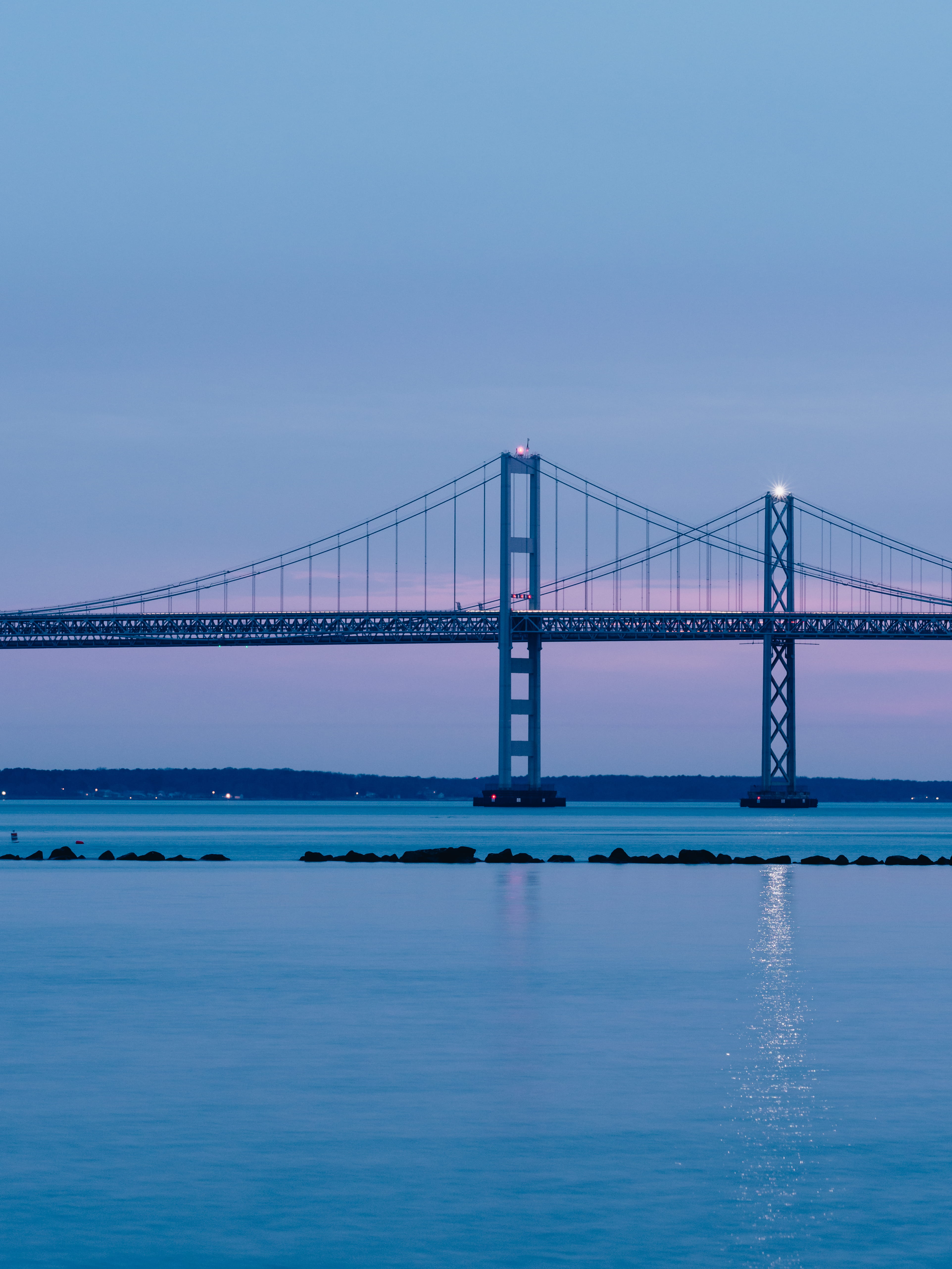 horizon, travel destinations, bay, engineering, dusk, connection, travel, transportation, night, chesapeake, sky, blue, waterfront, built structure, Phone HD Wallpaper