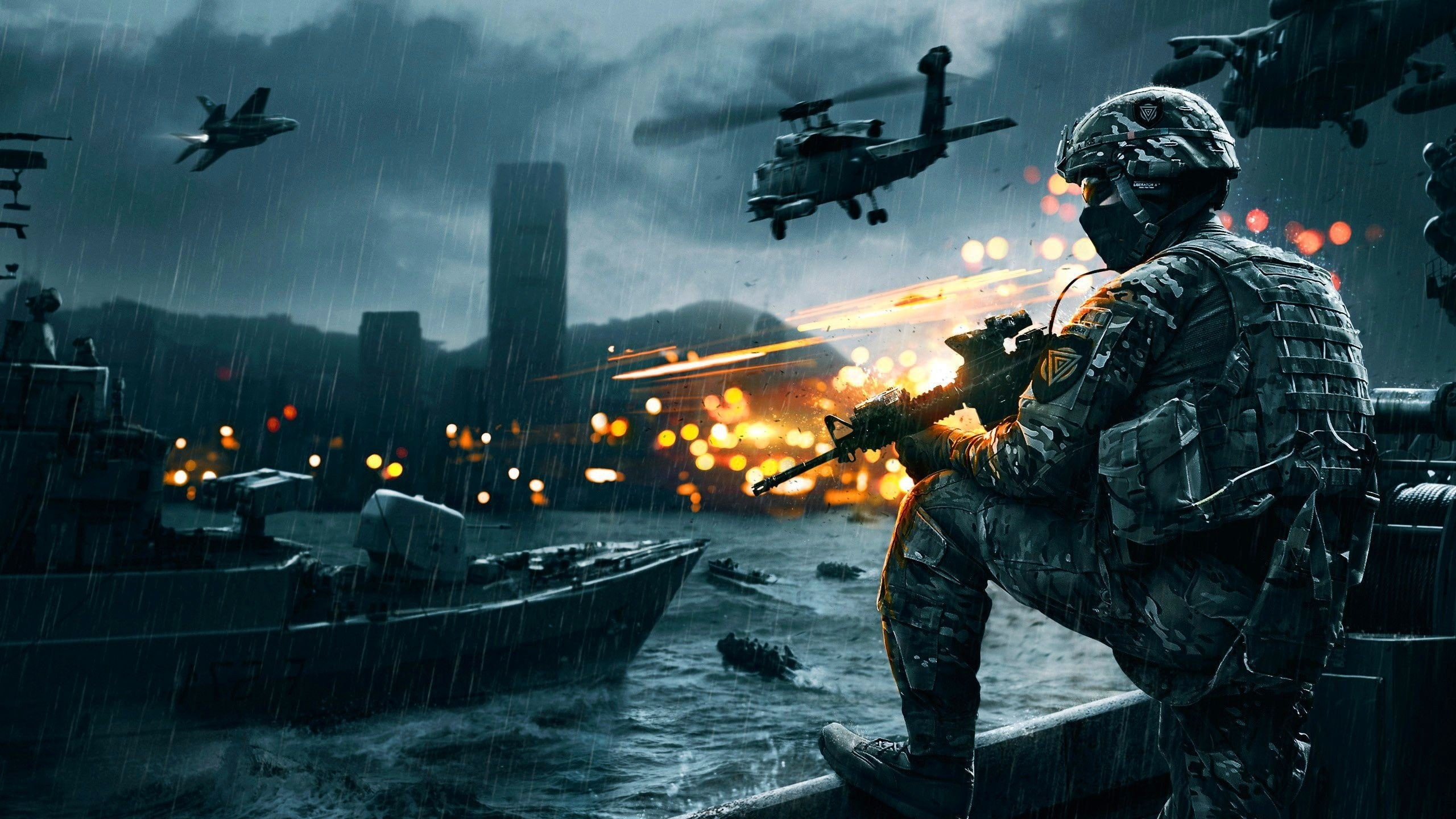 battlefield 4: naval strike, fighting, flying, military, 2K, conflict, sky, protection, standing, nature, weapon, armed forces, government, waist up, helicopter, HD Wallpaper