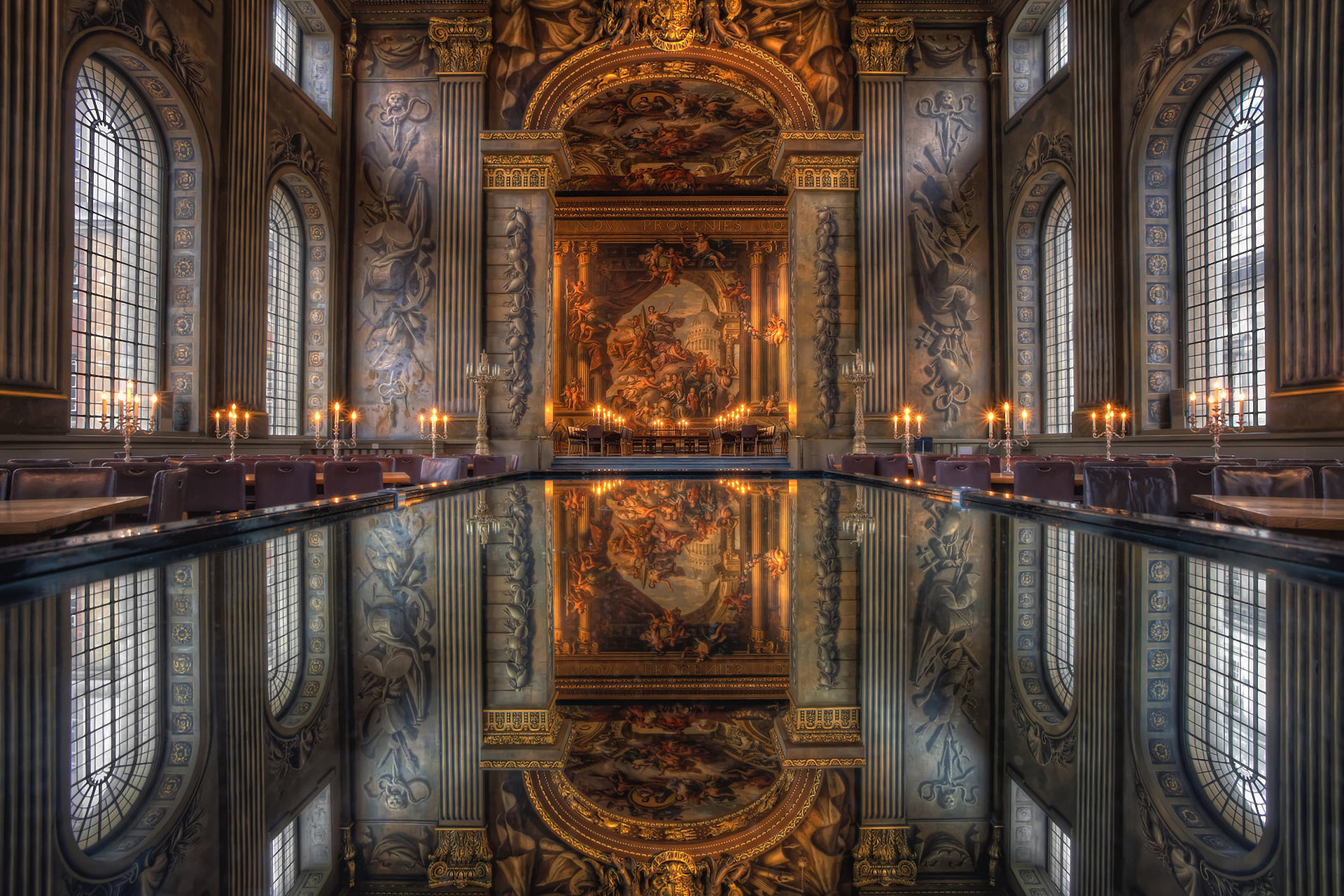 indoors, illuminated, belief, reflection, built structure, London, Royal Naval College, history, building, spirituality, gray, ornate, the past, art and craft, HD Wallpaper