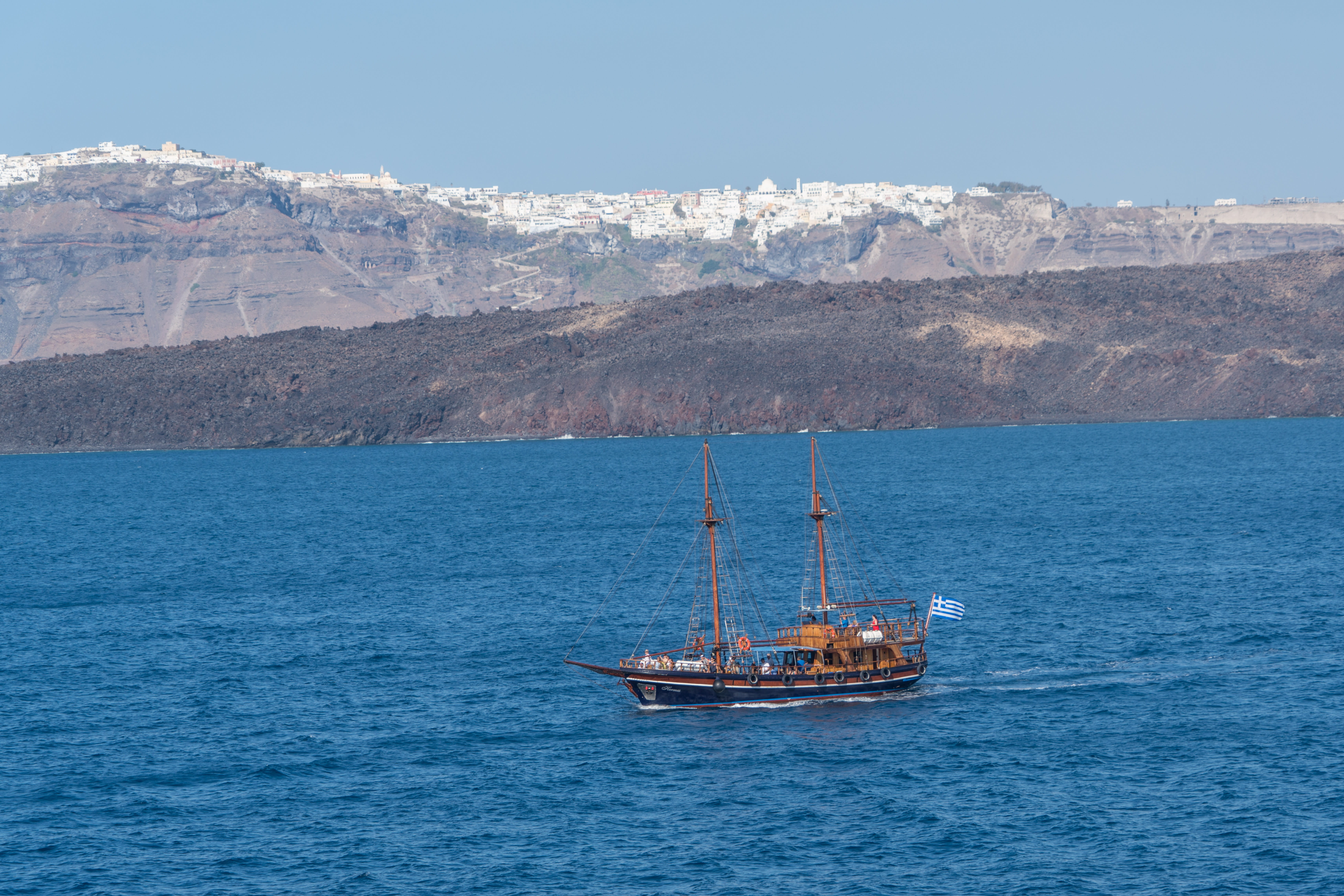 mountains, day, boat, Santorini, Mountains, sailing, nature, transportation, machinery, industry, Ship, outdoors, vessel, ocean, environment, sailing Ship, HD Wallpaper