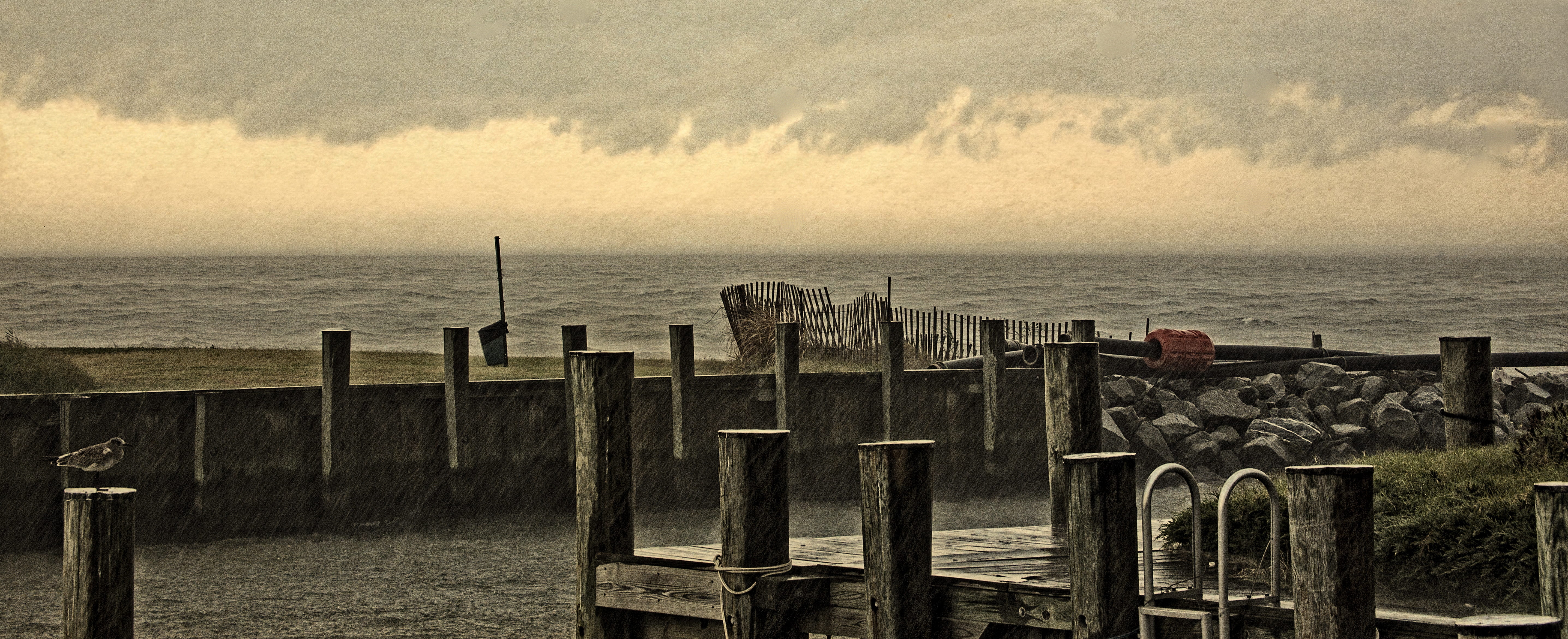 wooden post, beauty in nature, tranquil scene, rain, fence, outdoors, sea, post, cloud, in a row, scenics - nature, movement, horizon, horizon over water, HD Wallpaper