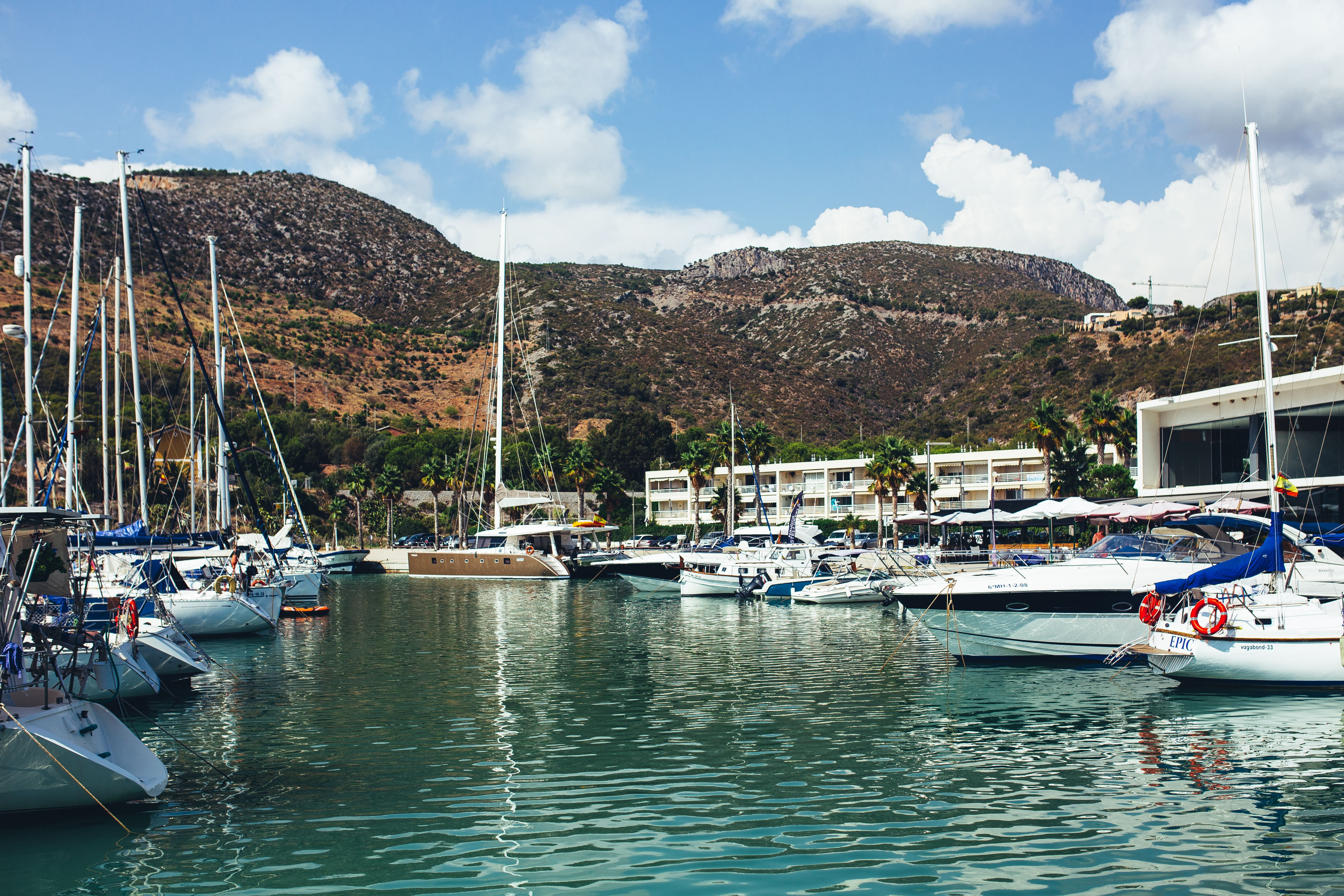 no people, travel, mountain, transportation, pier, built structure, Ginesta, sea, nature, Port, marina, vacations, day, yachts, luxury, Balearic Sea, mode of transportation, HD Wallpaper