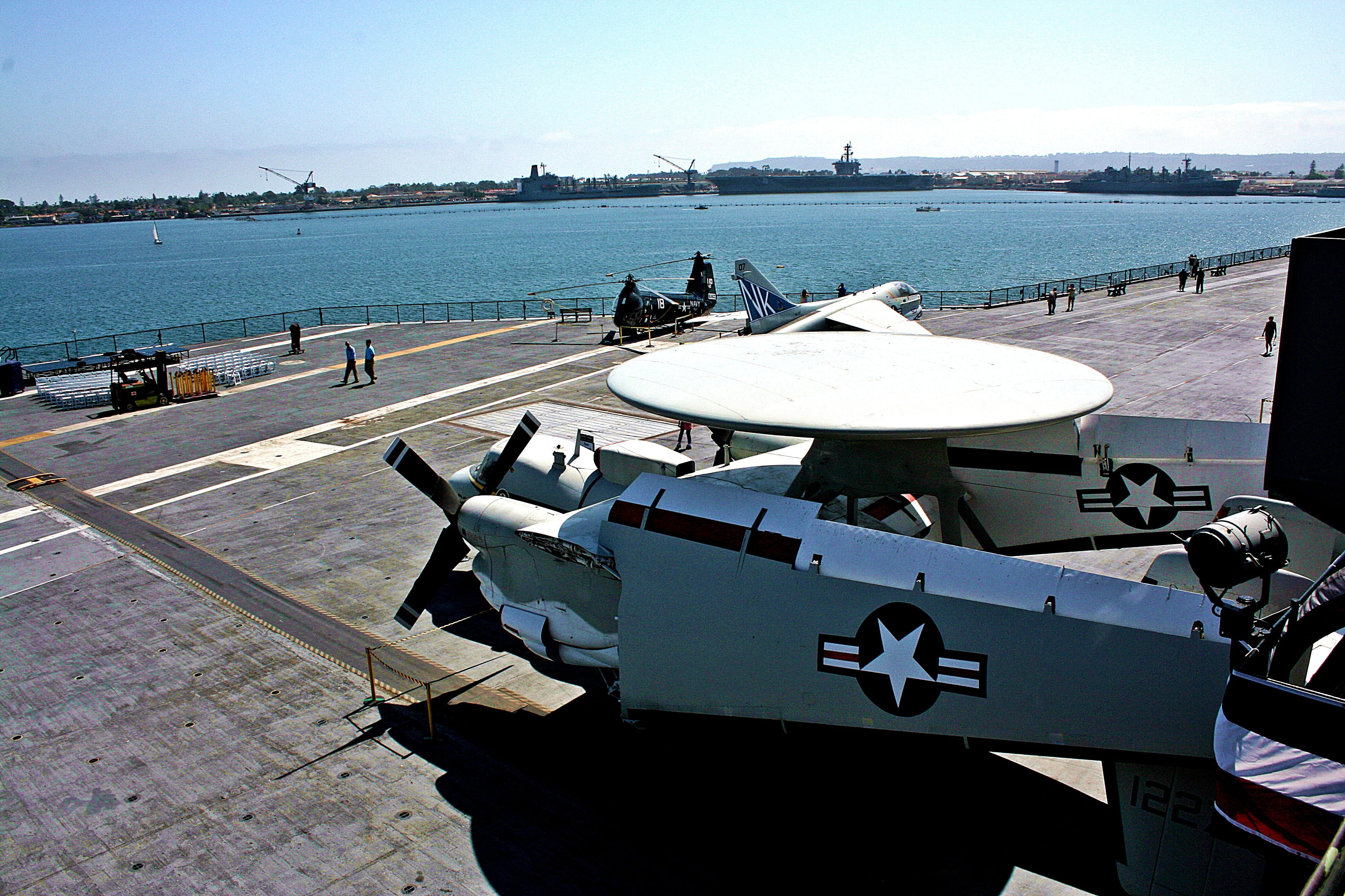 gray, white, harbor, pier, water, ship, sky, nature, USA, port, sunlight, moored, airplane, incidental people, transportation, navy, sea, aircraft, outdoors, HD Wallpaper