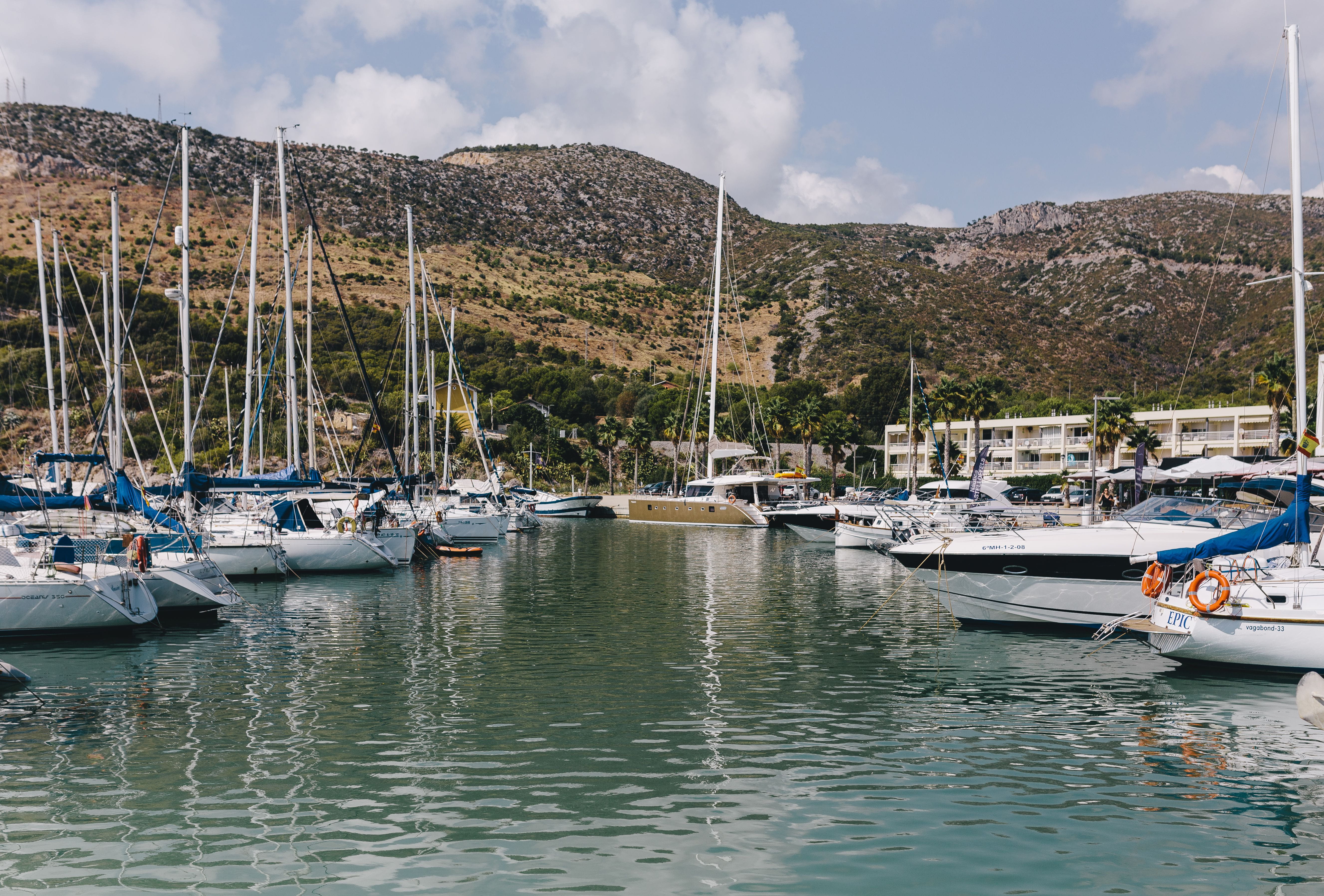 yacht, cloud - sky, Catalonia, mediterranean, color Image, marina, mountain, summer, yachts, Ginesta, transportation, mode of transportation, Balearic Sea, HD Wallpaper