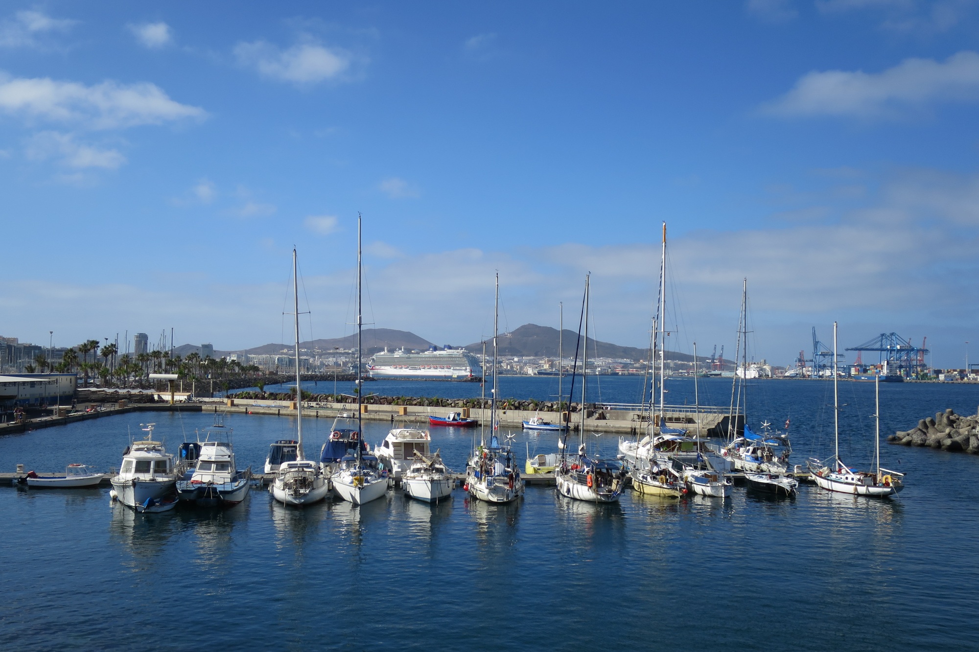 pier, luxury, clouds, venet, port, white, canary islands, outdoors, cloud - sky, pole, moored, waterfront, mountain, nature, architecture, commercial Dock, HD Wallpaper