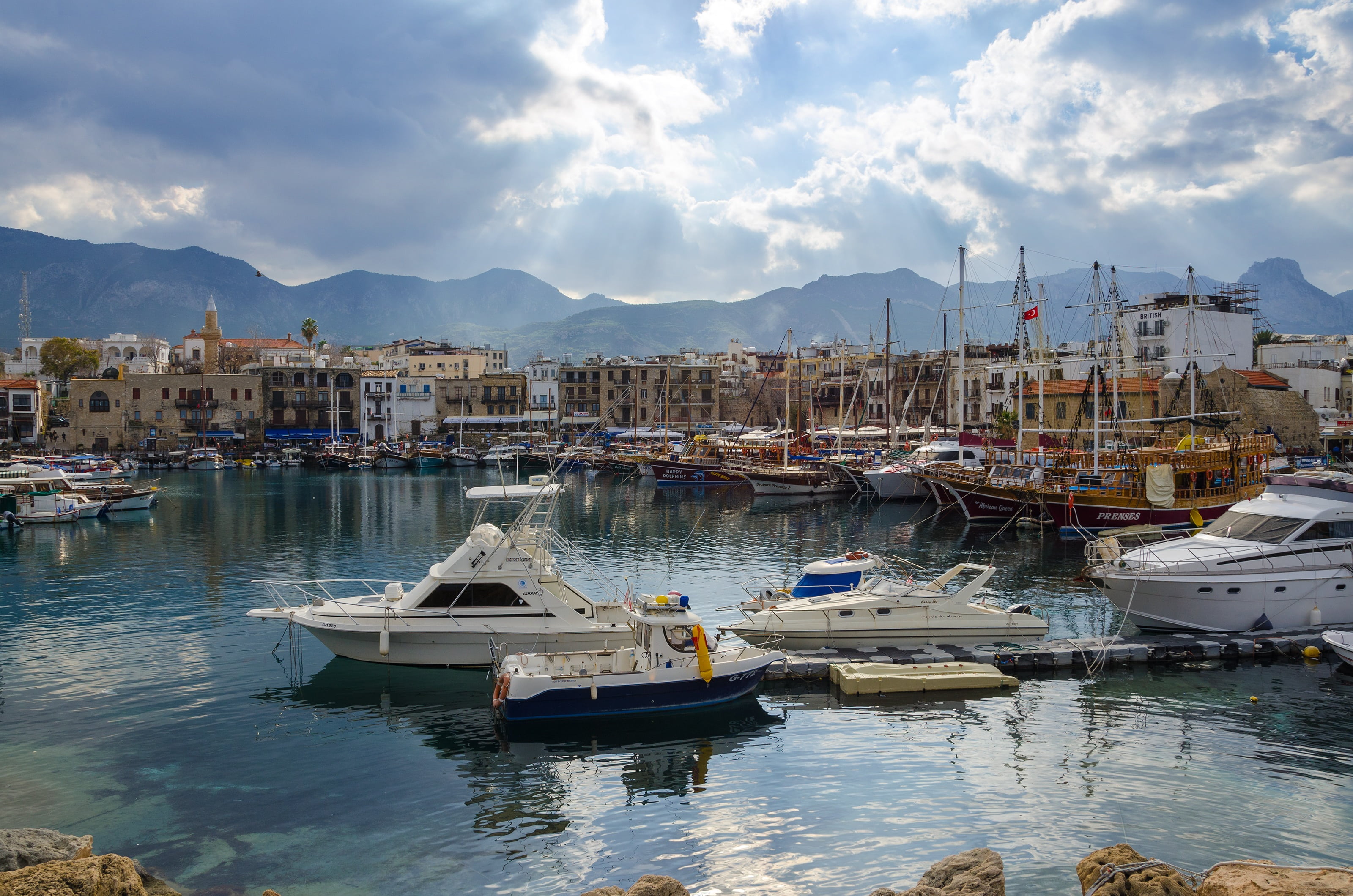 fishing industry, landscape, boat, kyrenia, mountain range, marina, harbor, yacht, waterfront, summer, pole, coast, city, cloud - sky, seascape, sky, anchored, HD Wallpaper