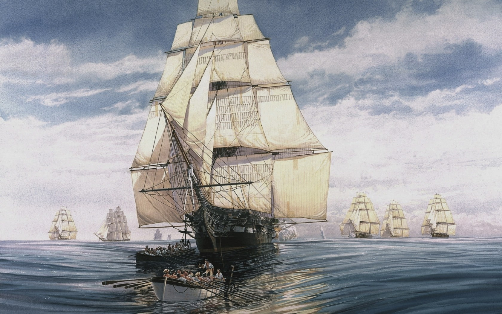 artwork, men, sailing ship, painting, 720P, frigates, HD Wallpaper