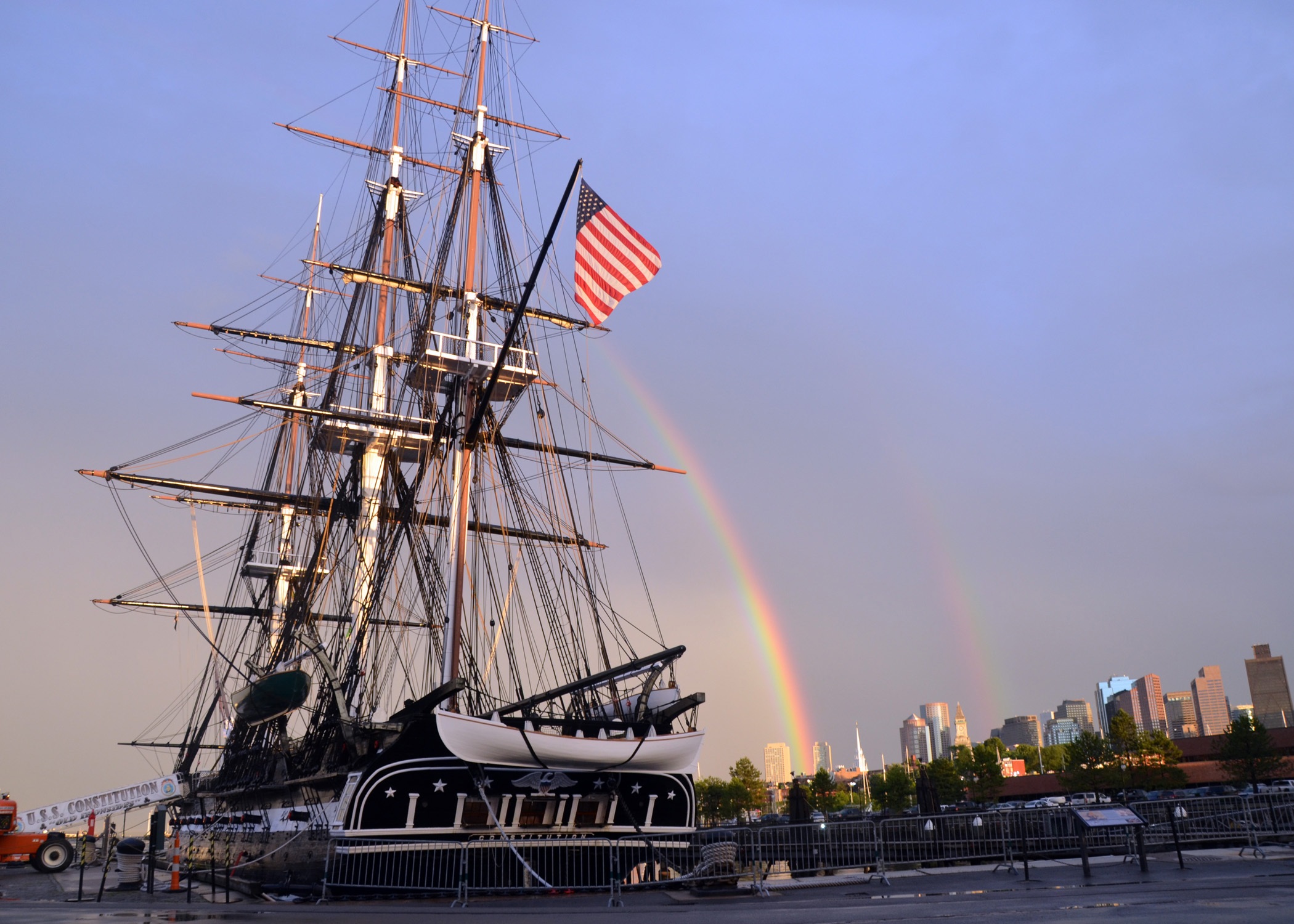 ship, harbor, mast, rainbow, historic, sea, nature, no people, urban, city, uss constitution, nautical vessel, scenic, 1080P, landscape, pole, transportation, HD Wallpaper