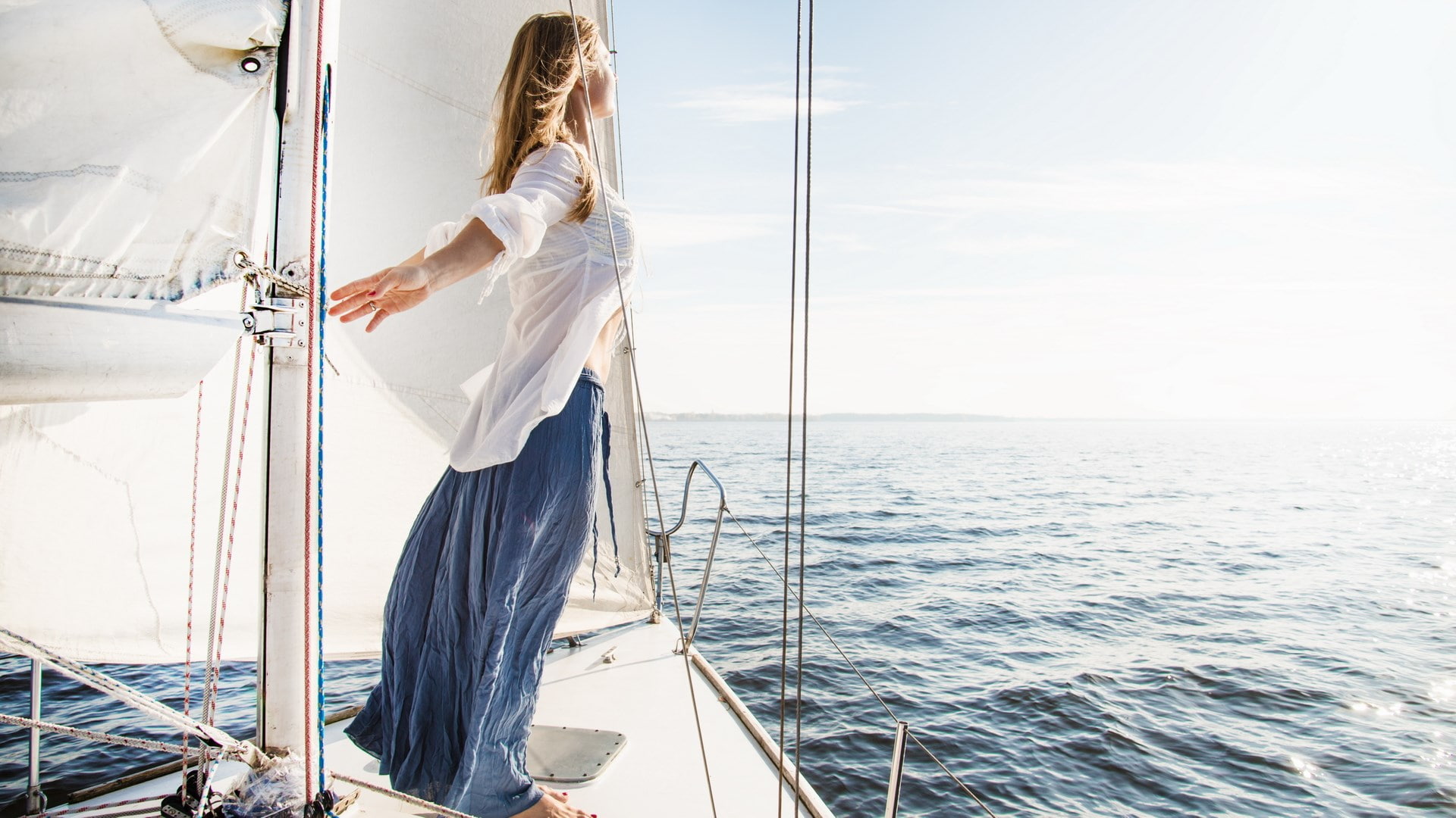 horizon over water, trip, boat deck, one person, girl  for computers 1920x1080, horizon, sailboat, holiday, sea, 1080P, deck, journey, sky, sailing, yacht, HD Wallpaper