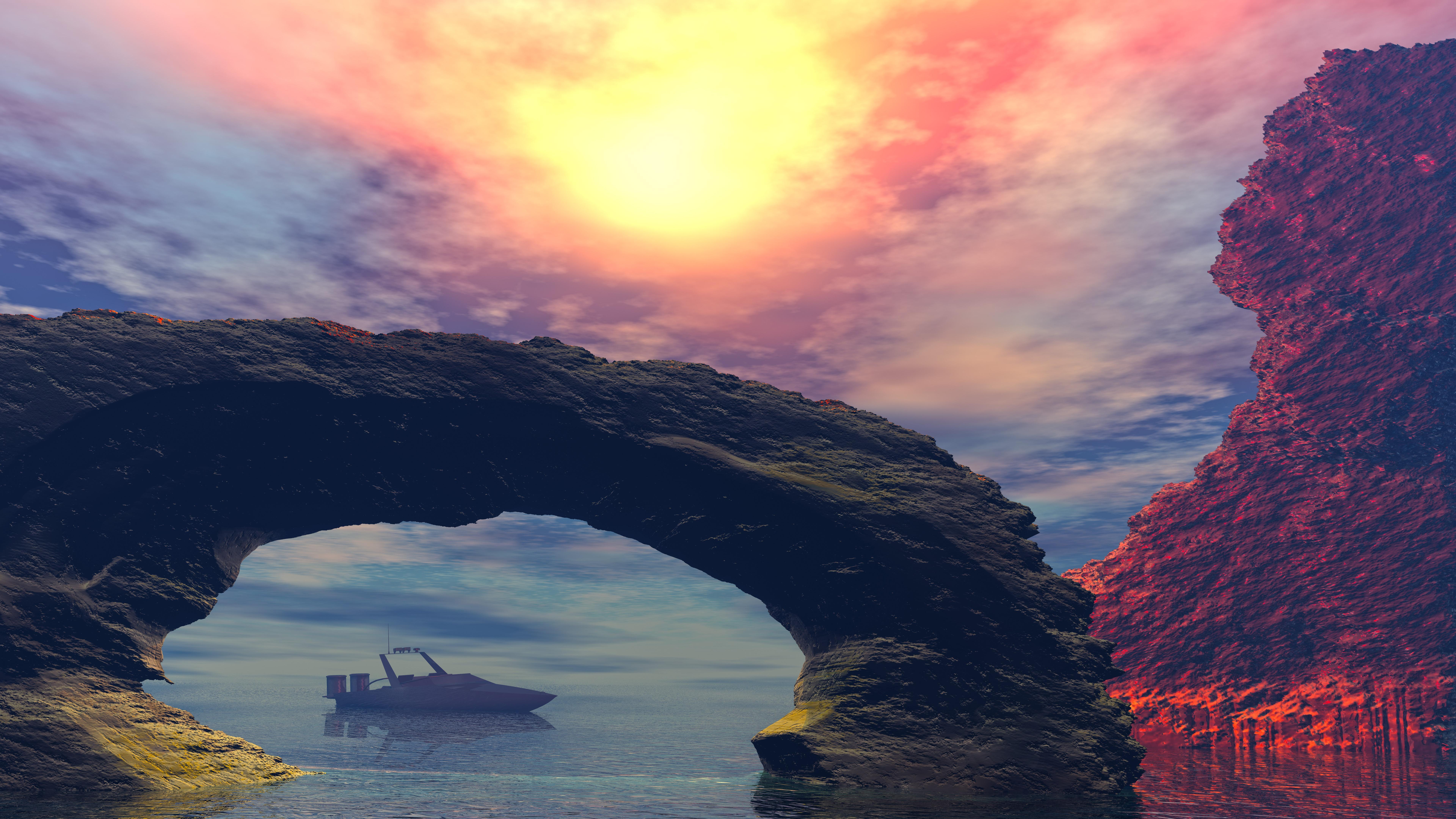 motorboat, nature, cliff, bay, arch, sea, rock, 8k uhd, digital art, fantasy landscape, 8K, HD Wallpaper