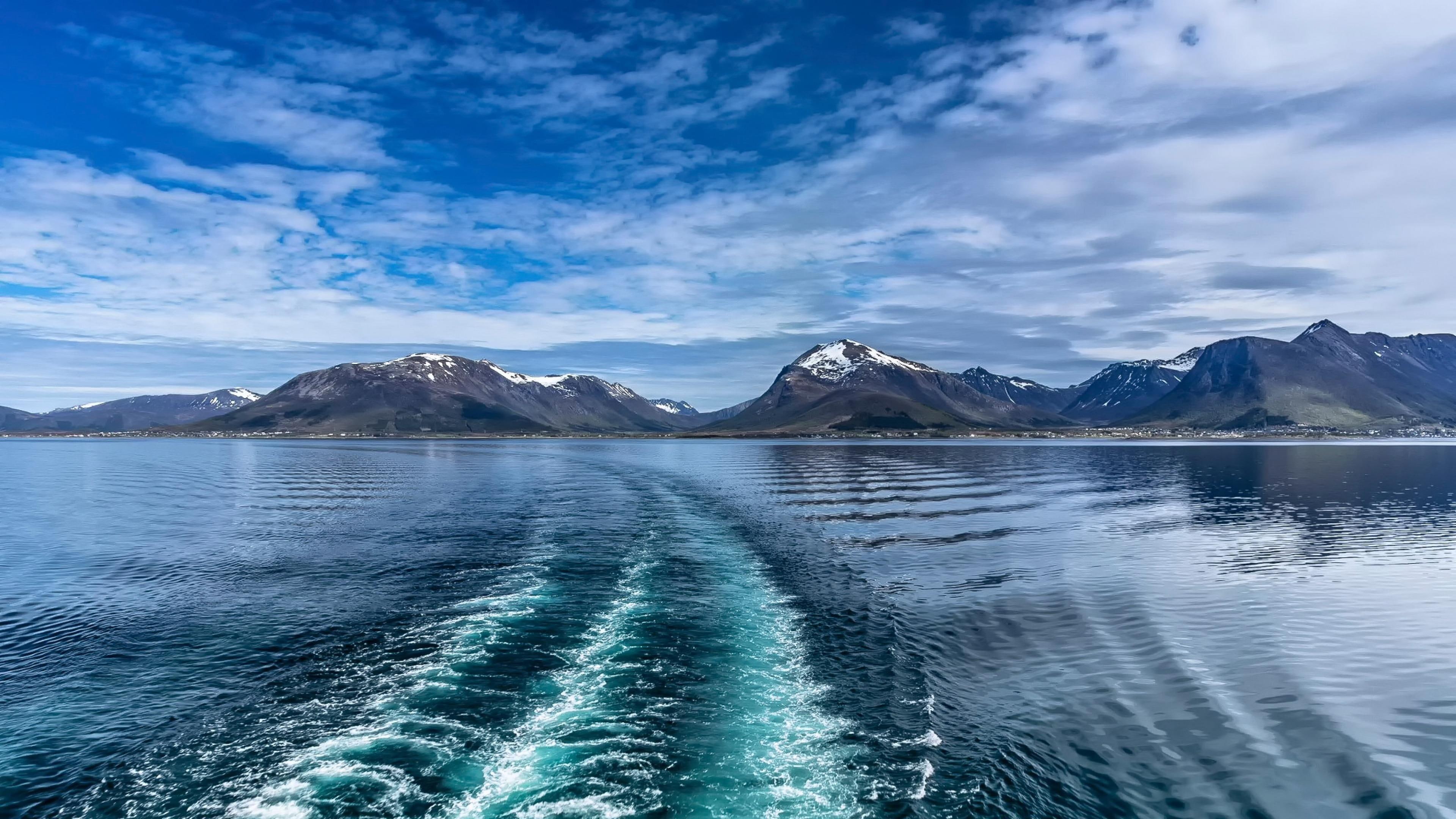 fjord, norway, nature, daytime, landscape, sky, coastline, lofoten, calm, mountain, cloud, motorboat, europe, 4K, sea, HD Wallpaper