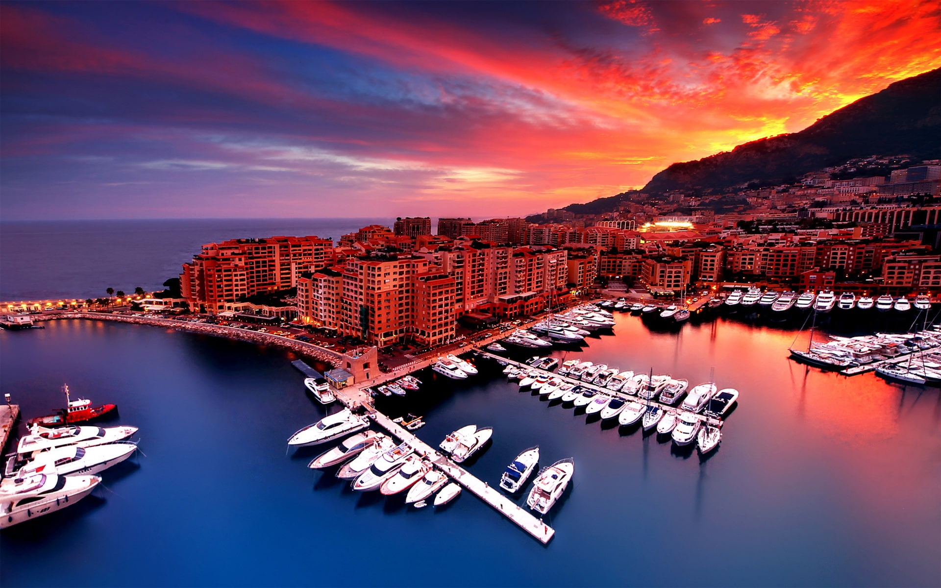 Monaco, Sunset, 1080P, Bay, City, docked, Boats, House, motorboats, HD Wallpaper