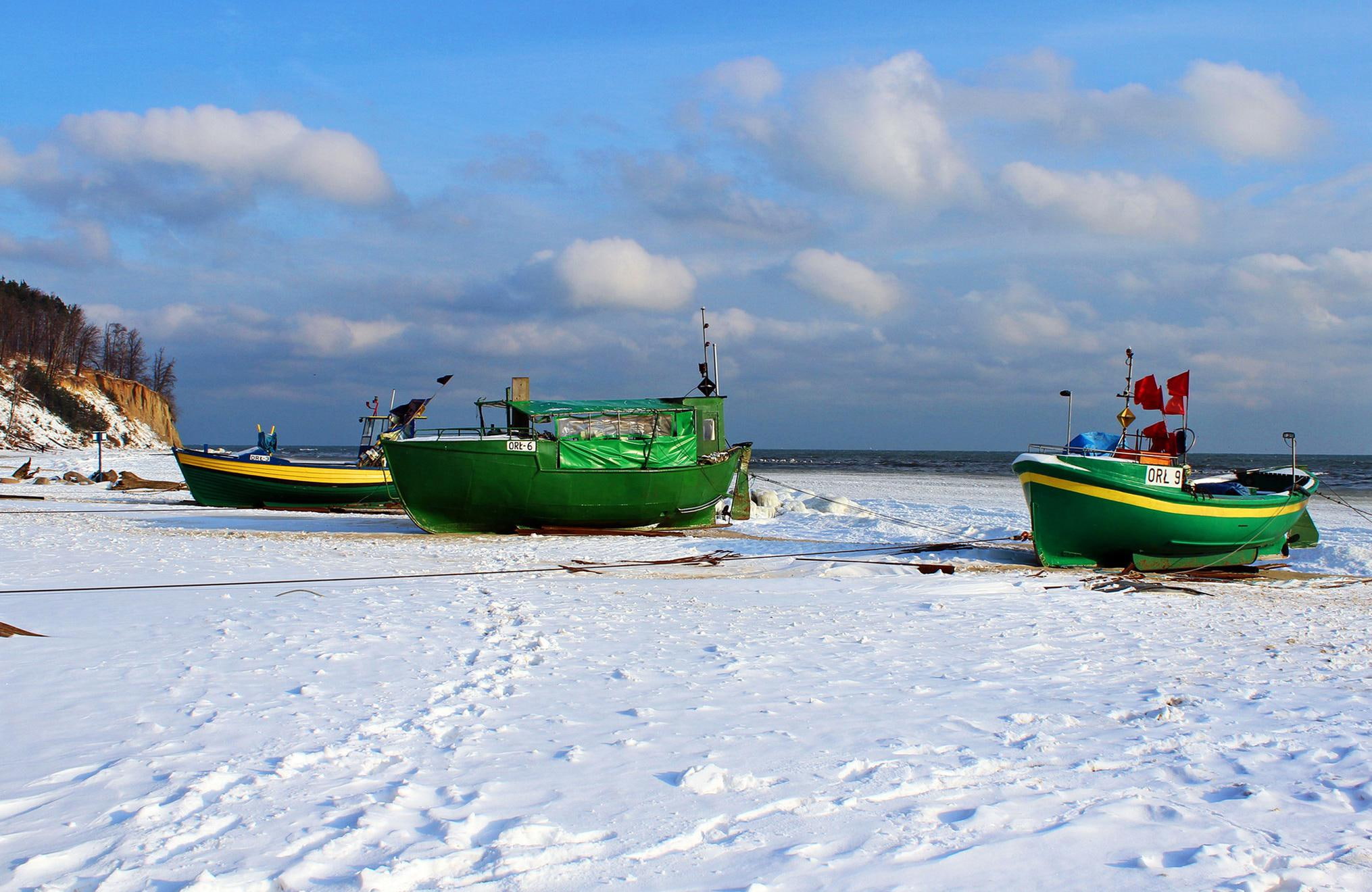 snow, nature, poland, coast, motorboat, winter, 1080P, HD Wallpaper