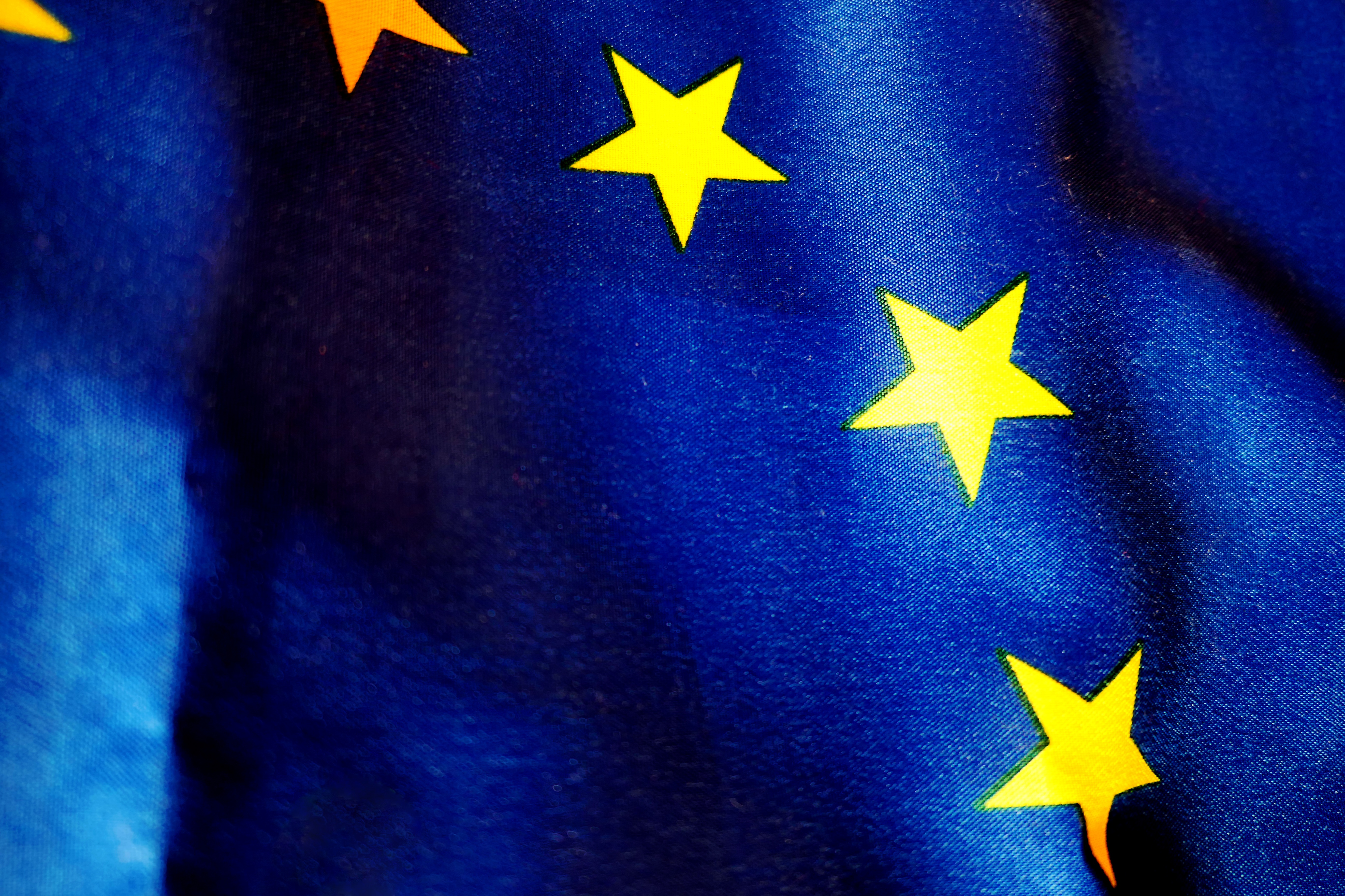 blue, banner, euro flag, standard, arrival, 5K, no people, communication, politics, star shape, yellow, star - space, transparent, characters, sky occident, HD Wallpaper