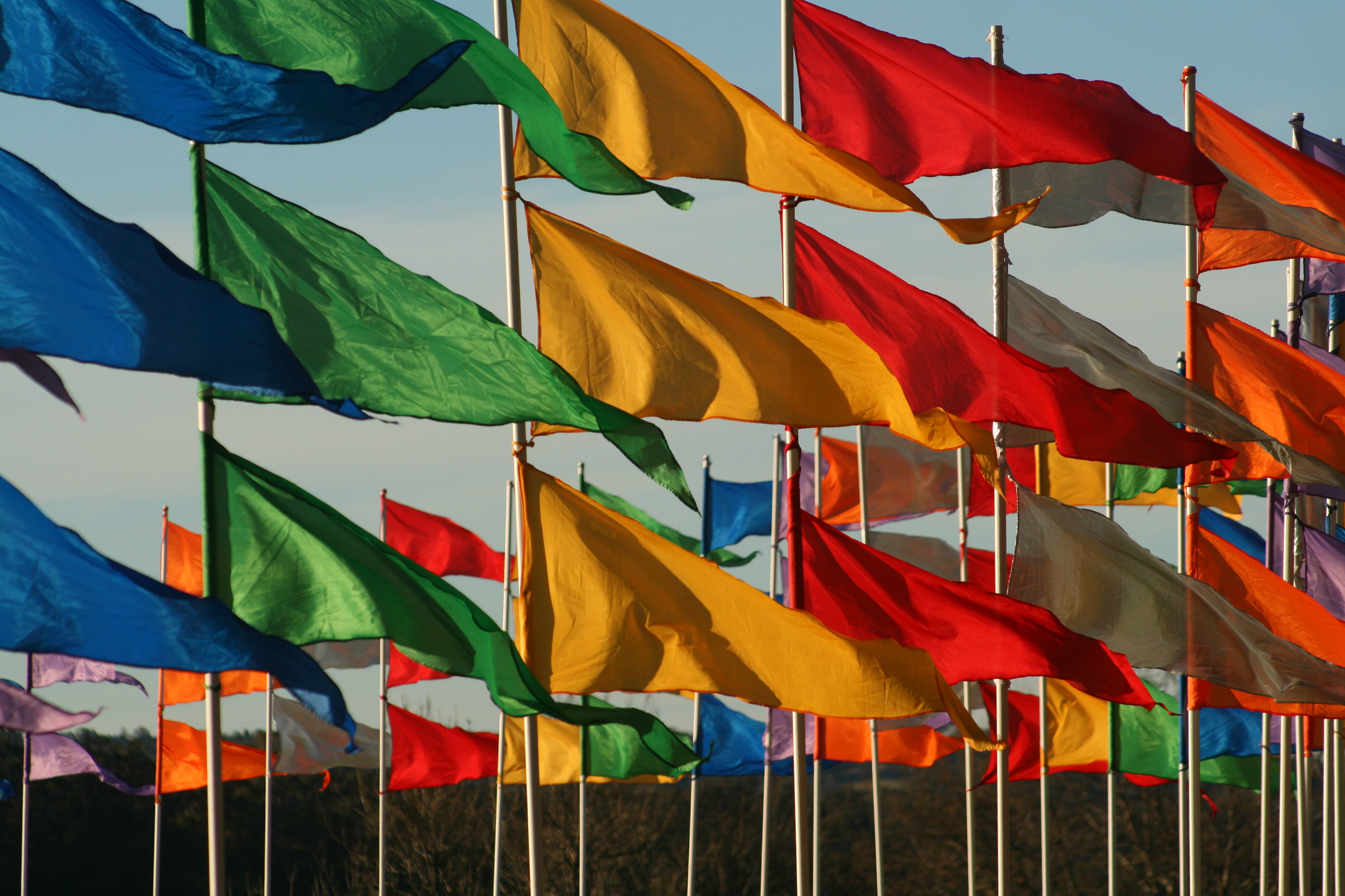 lot, wind, low angle view, multicolored, banner, pride, day, side by side, colored, red, 4K, multi colored, symbol, flags, environment, in a row, no people, HD Wallpaper